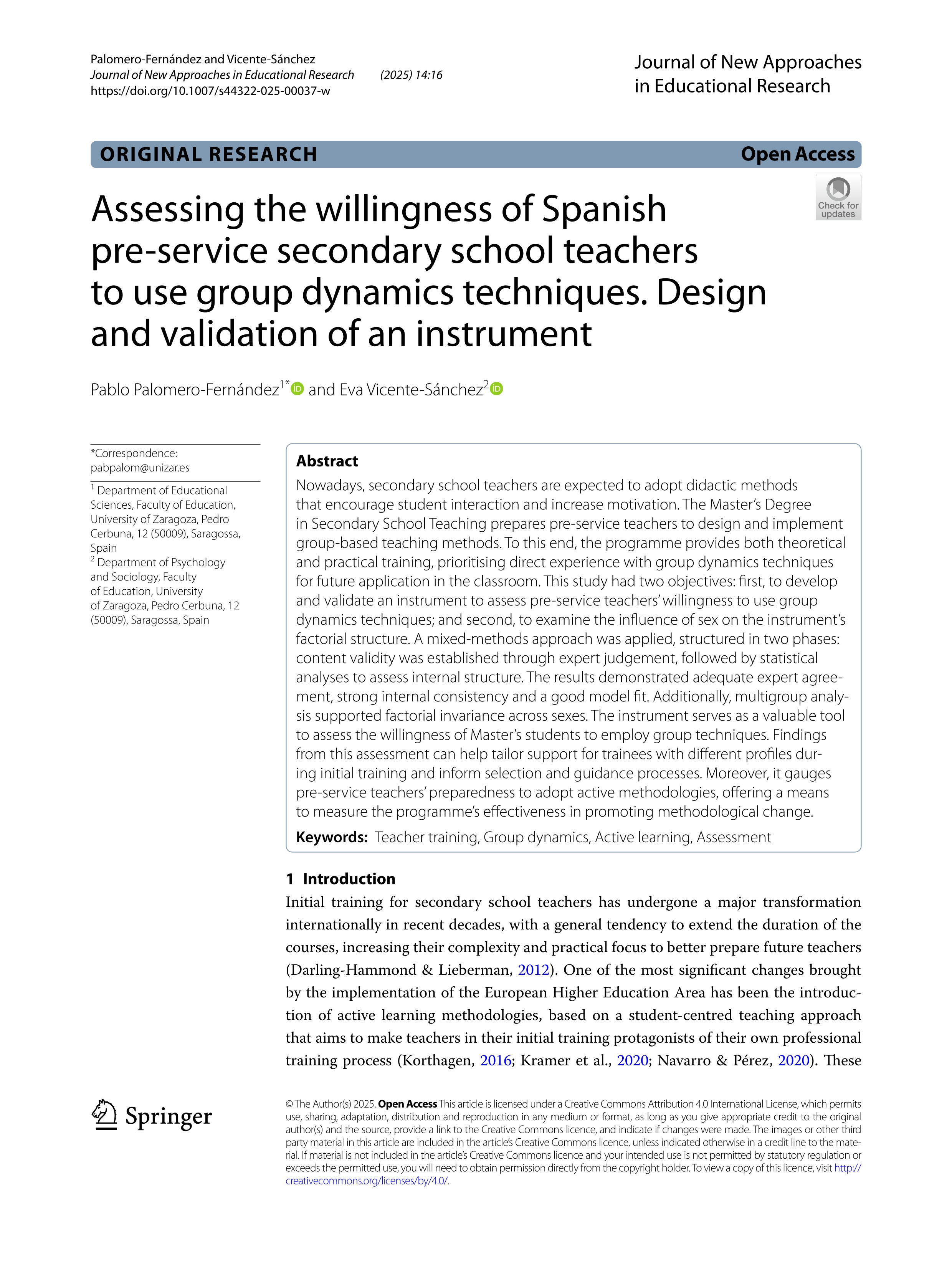 Assessing the willingness of Spanish pre-service secondary school teachers to use group dynamics techniques. Design and validation of an instrument