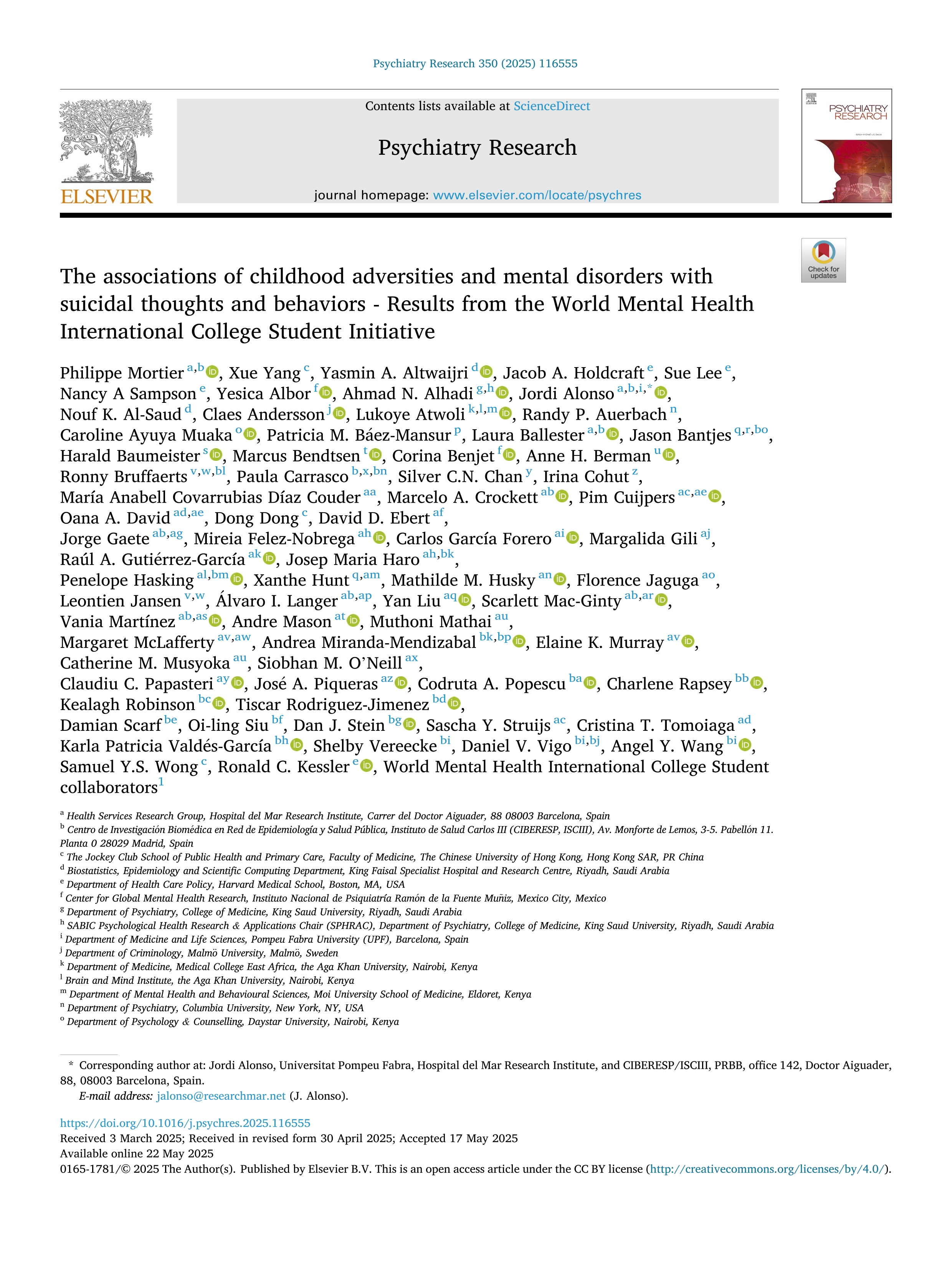 The associations of childhood adversities and mental disorders with suicidal thoughts and behaviors - Results from the World Mental Health International College Student Initiative