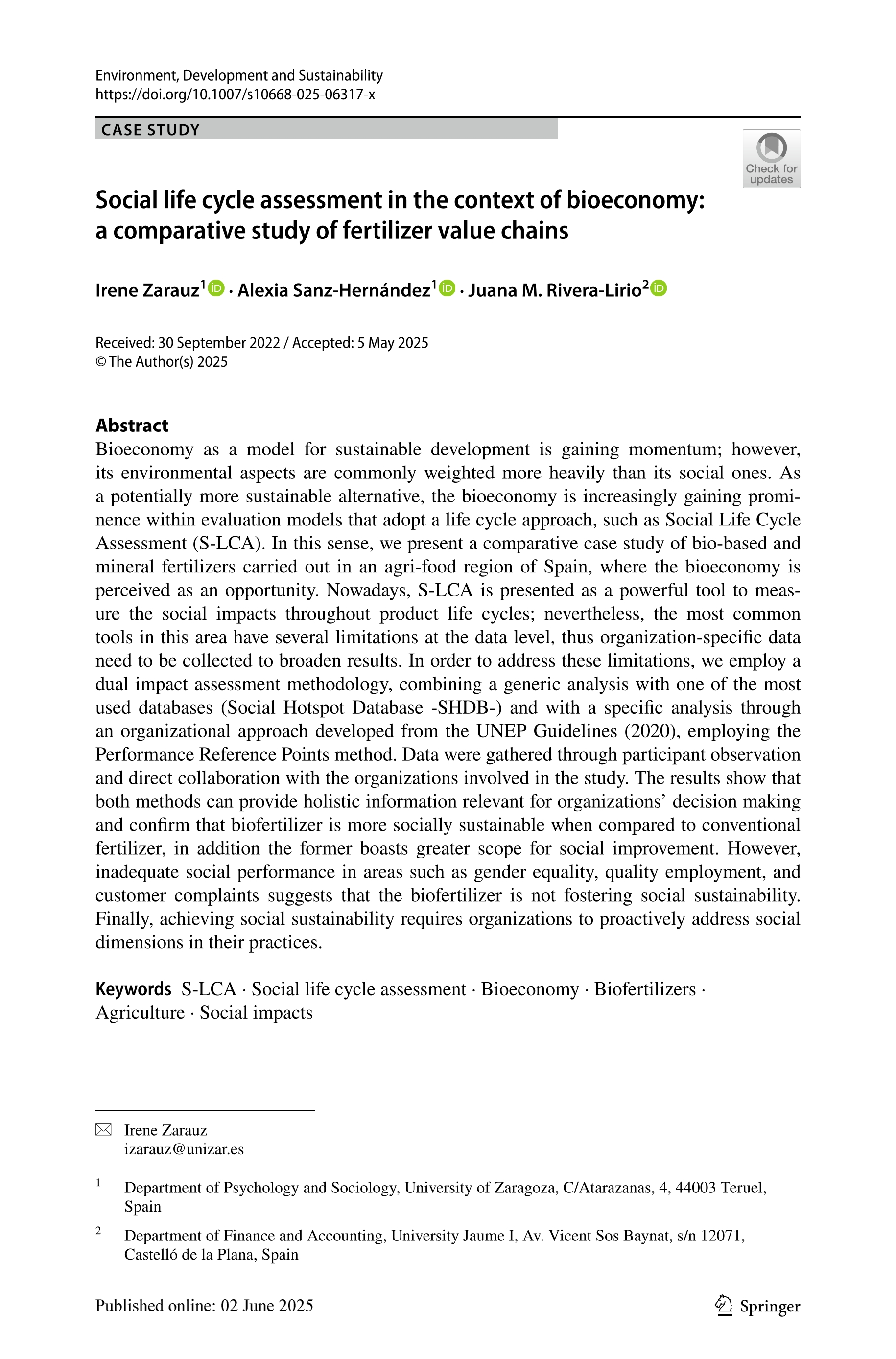Social life cycle assessment in the context of bioeconomy: a comparative study of fertilizer value chains
