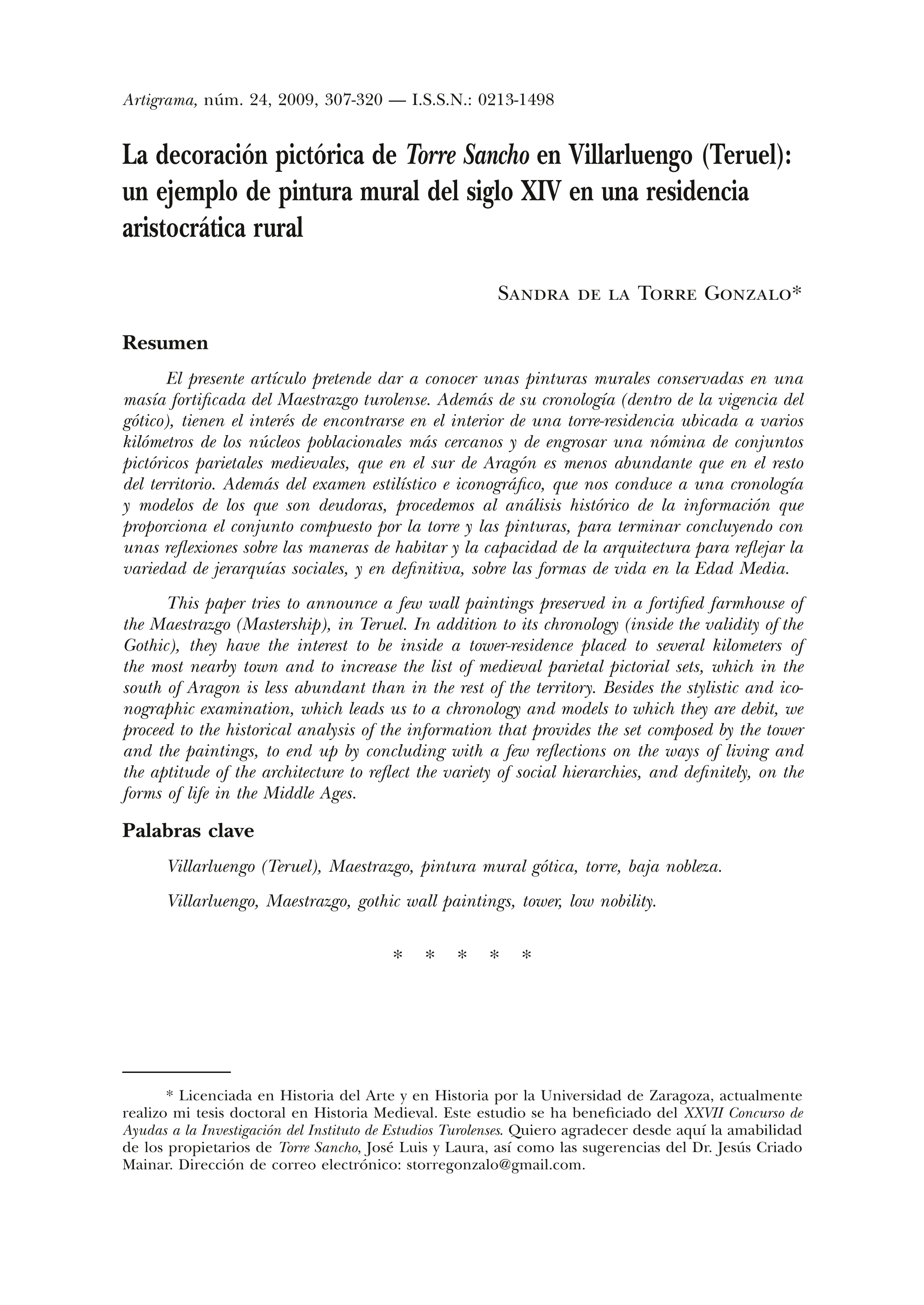 La decoración pictórica de Torre Sancho en Villarluengo (Teruel): un ejemplo de pintura mural del siglo XIV en una residencia aristocrática rural