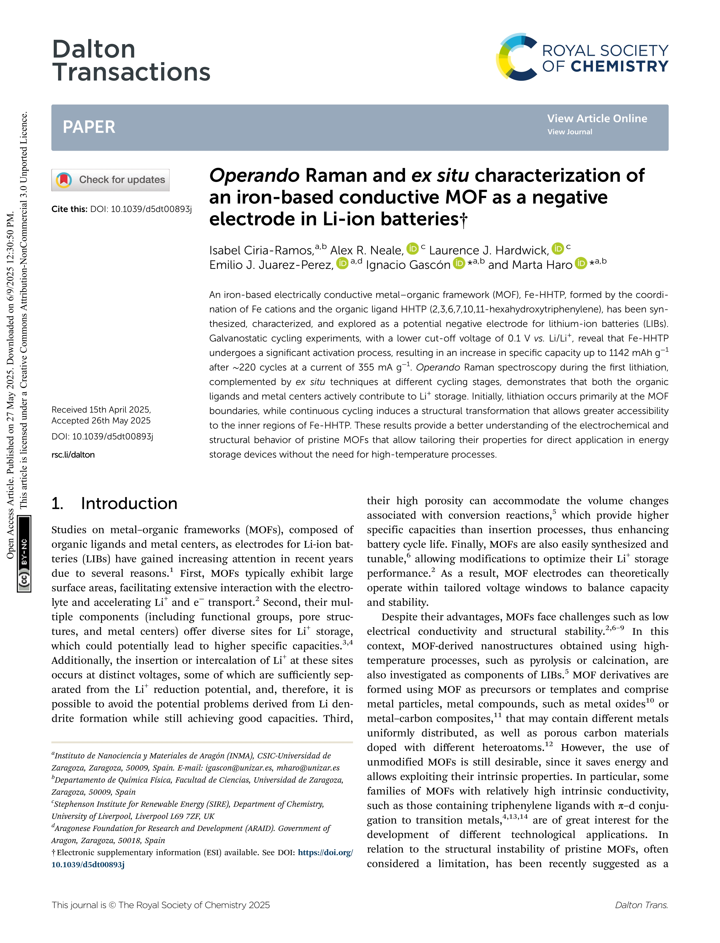 <i>Operando</i> Raman and <i>ex situ</i> characterization of an iron-based conductive MOF as a negative electrode in Li-ion batteries