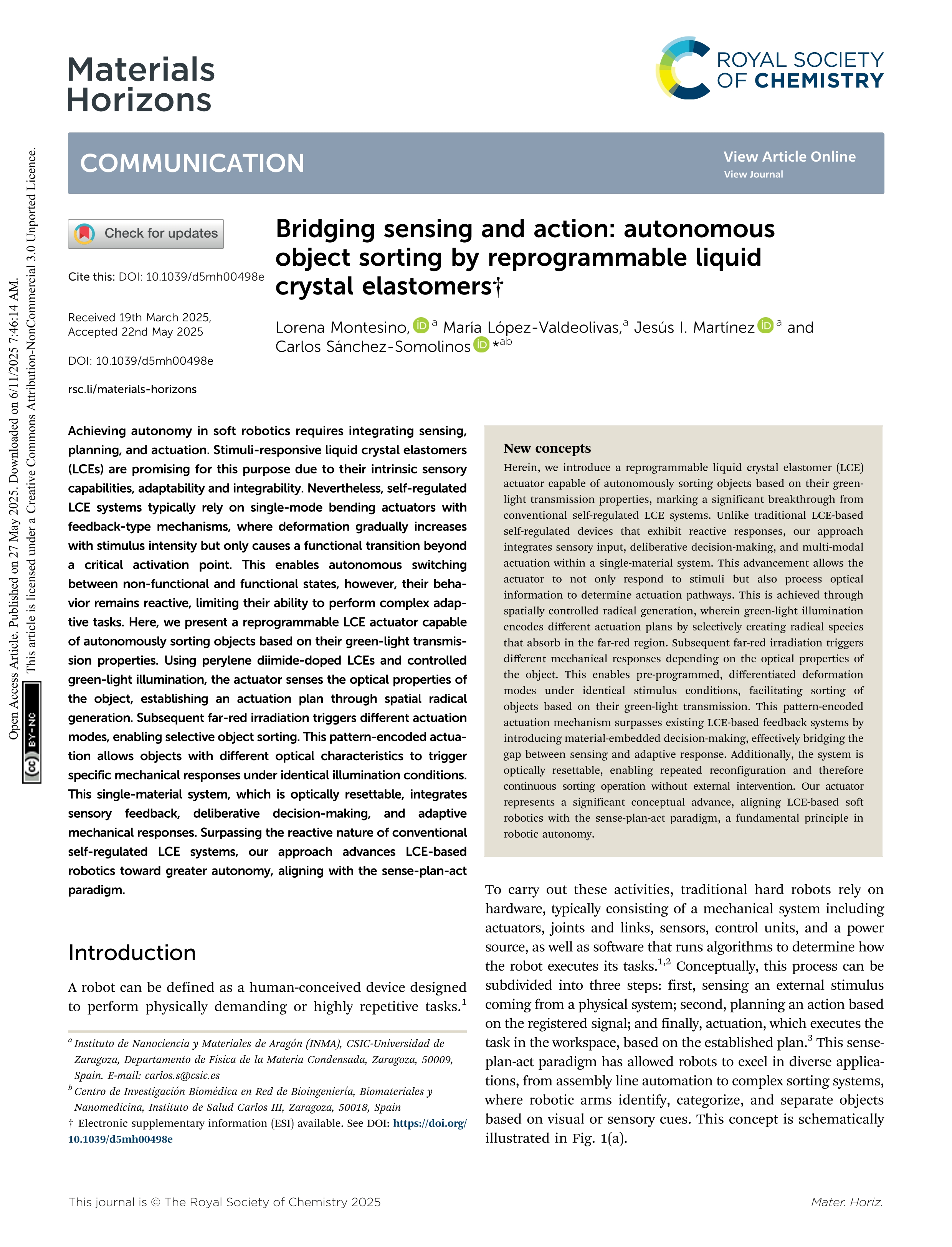 Bridging sensing and action: autonomous object sorting by reprogrammable liquid crystal elastomers