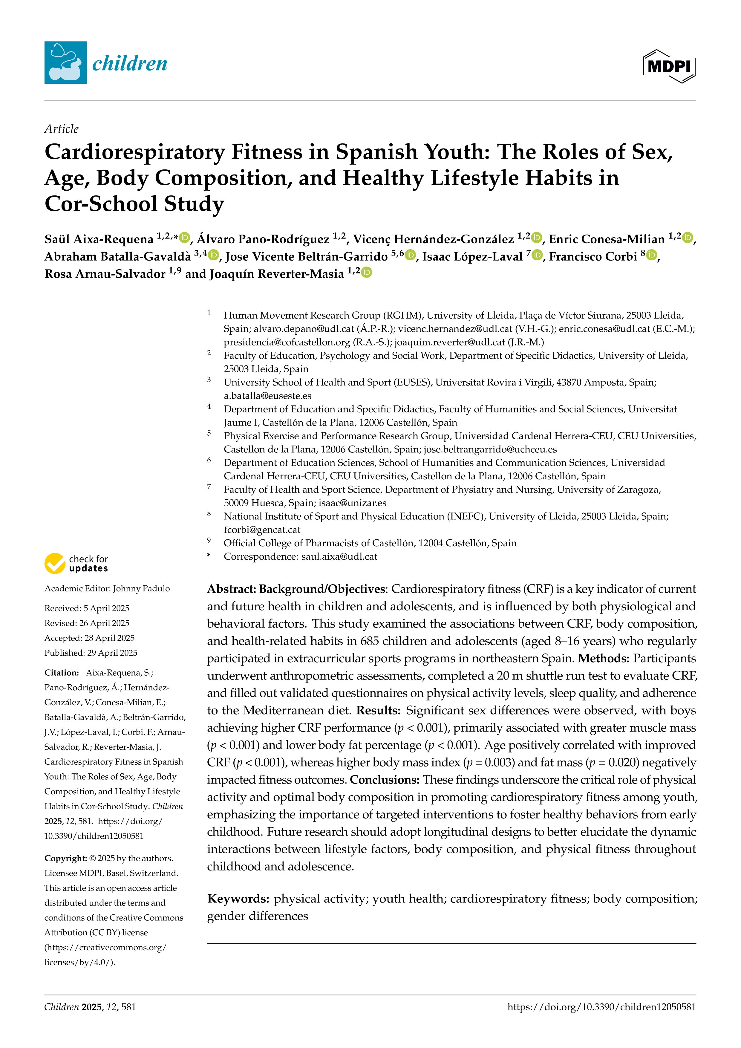 Cardiorespiratory Fitness in Spanish Youth: The Roles of Sex, Age, Body Composition, and Healthy Lifestyle Habits in Cor-School Study