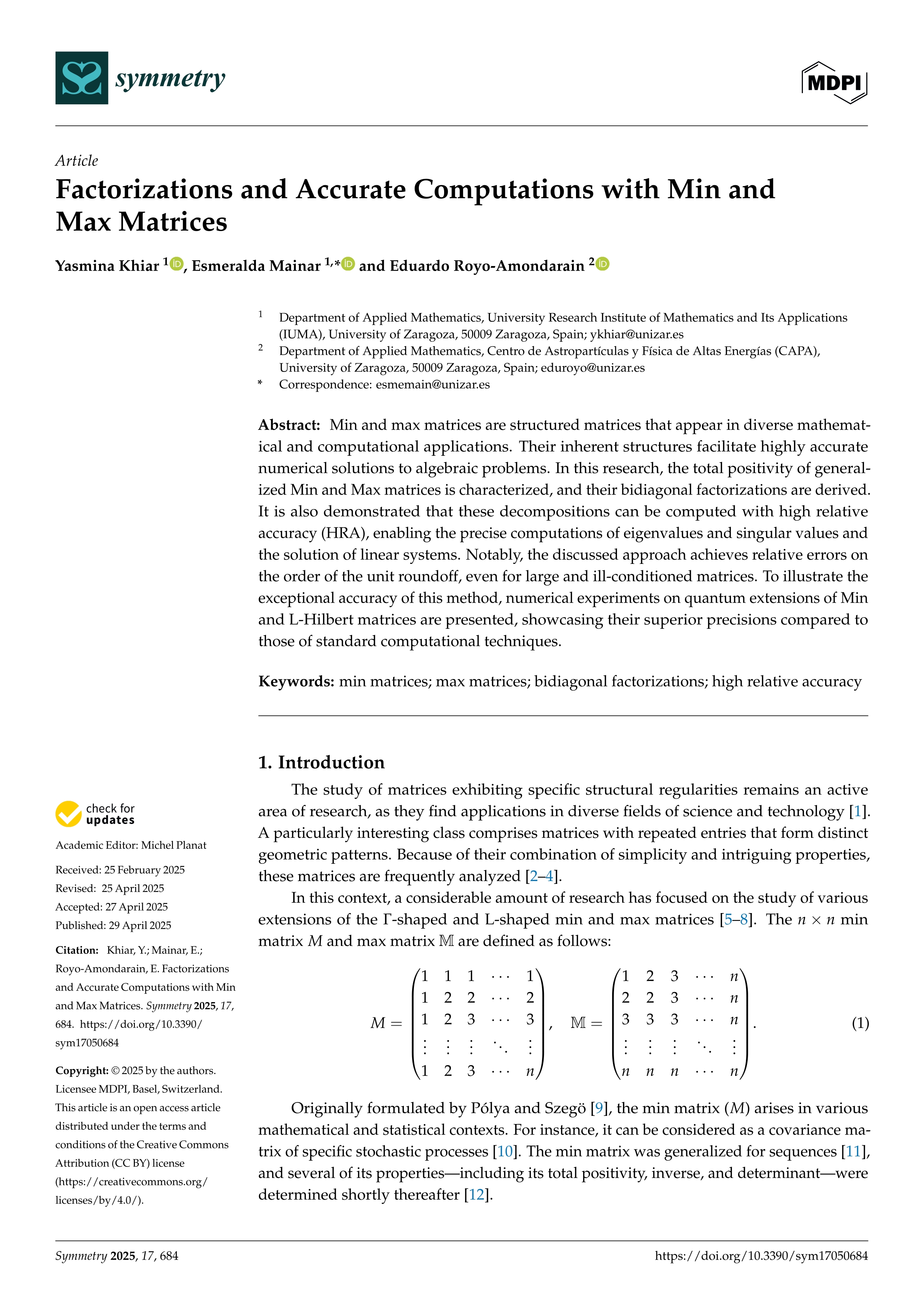Factorizations and Accurate Computations with Min and Max Matrices