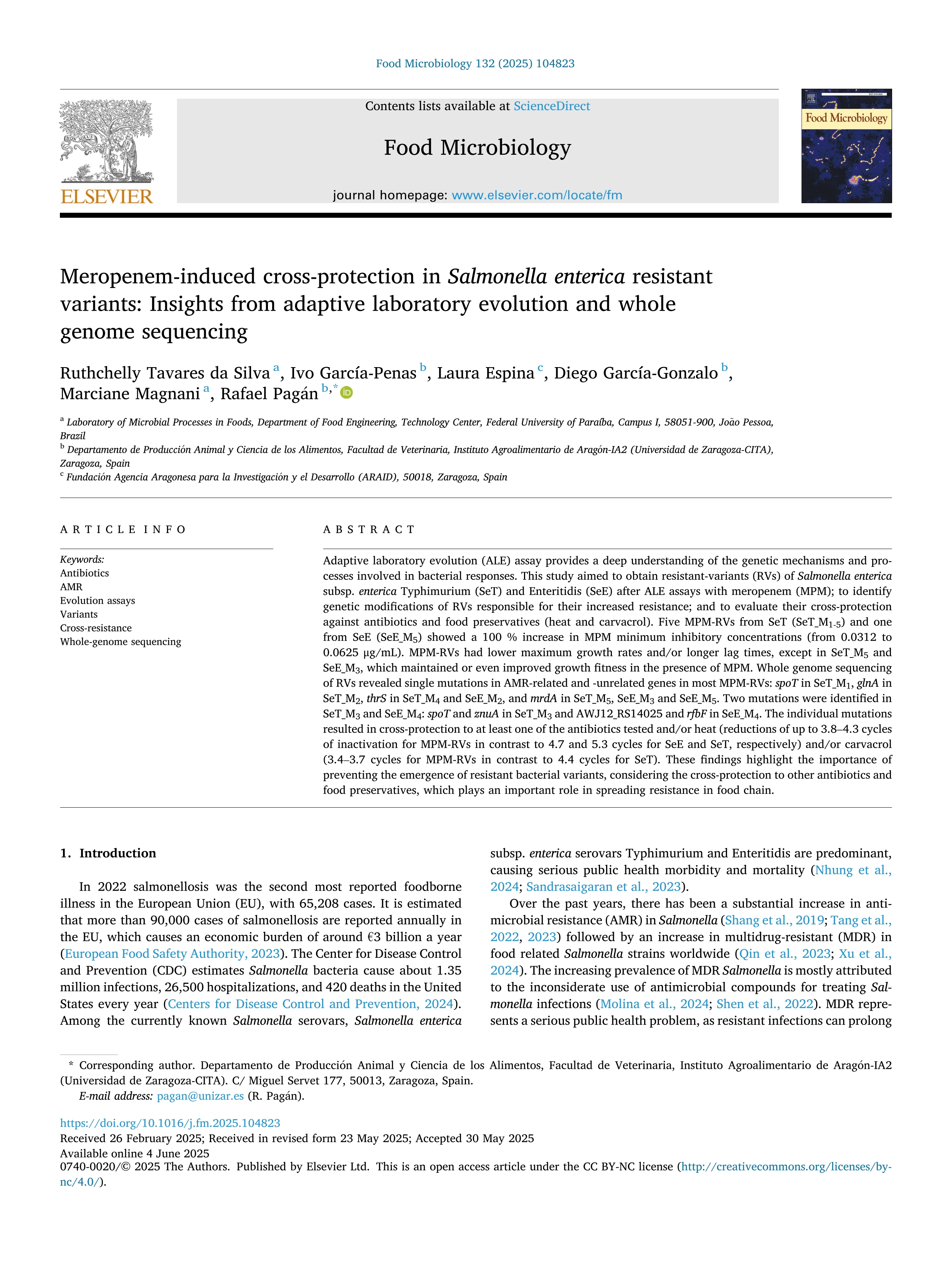 Meropenem-induced cross-protection in Salmonella enterica resistant variants: Insights from adaptive laboratory evolution and whole genome sequencing