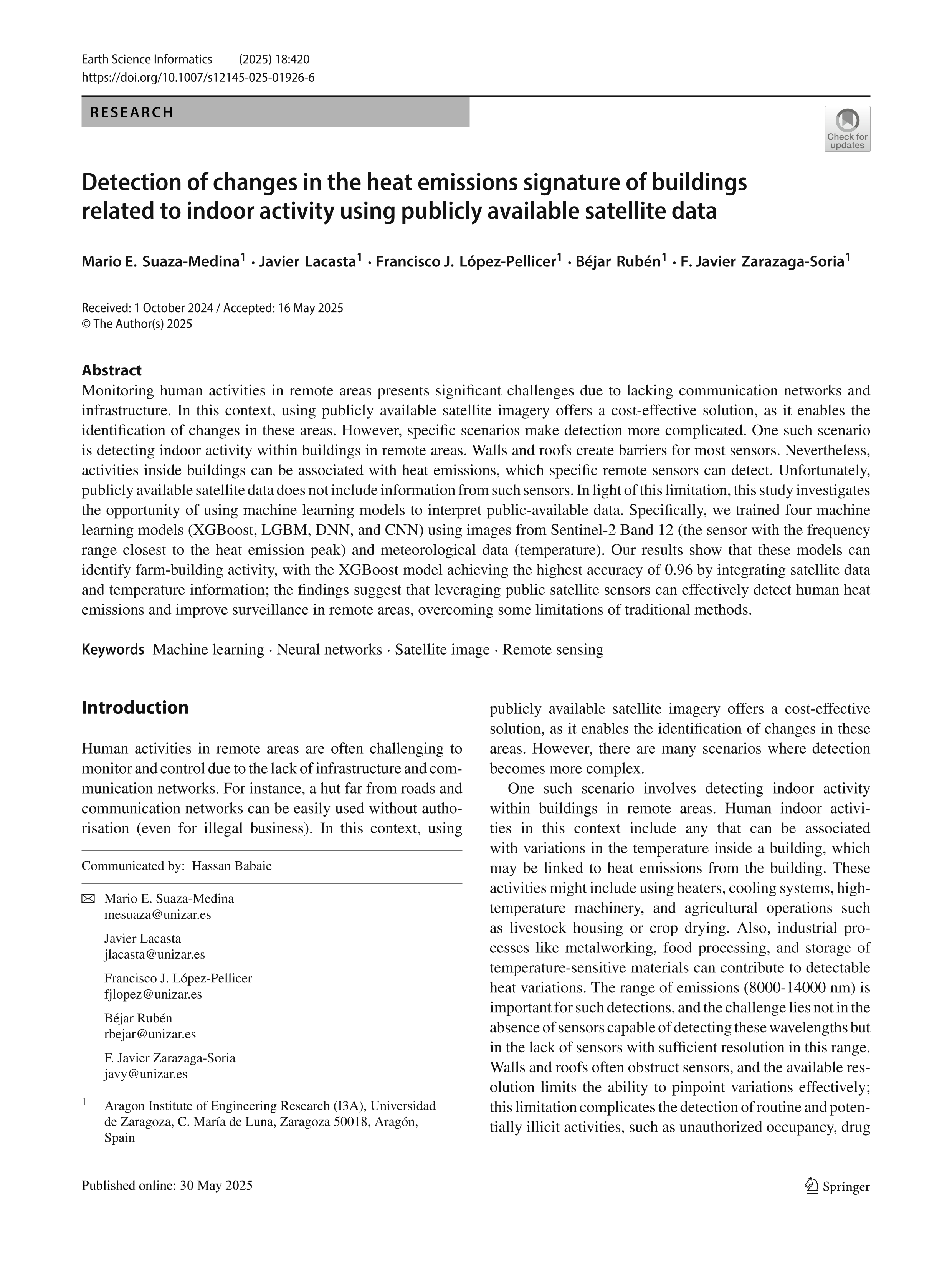 Detection of changes in the heat emissions signature of buildings related to indoor activity using publicly available satellite data