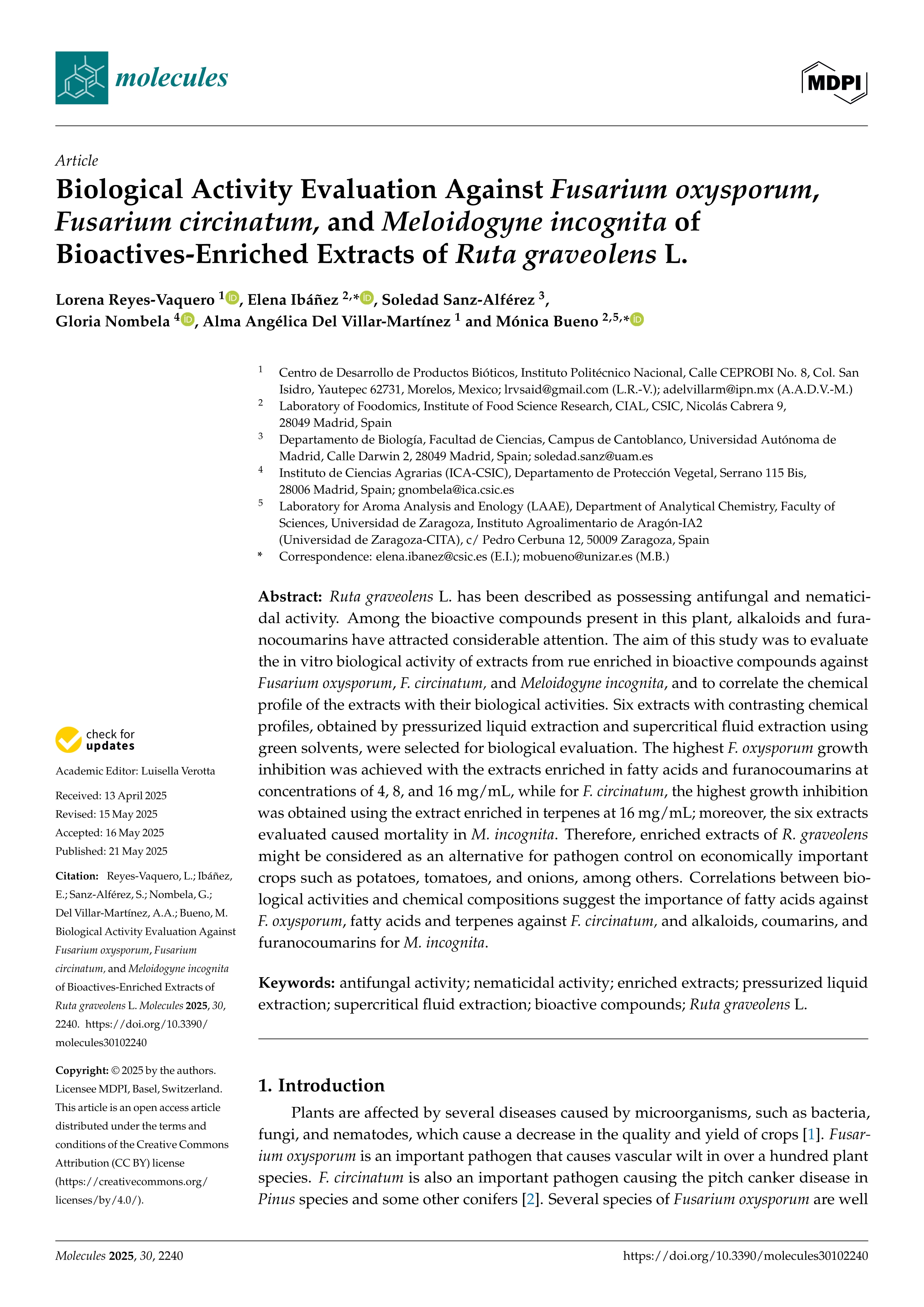 Biological Activity Evaluation Against Fusarium oxysporum, Fusarium circinatum, and Meloidogyne incognita of Bioactives-Enriched Extracts of Ruta graveolens L.