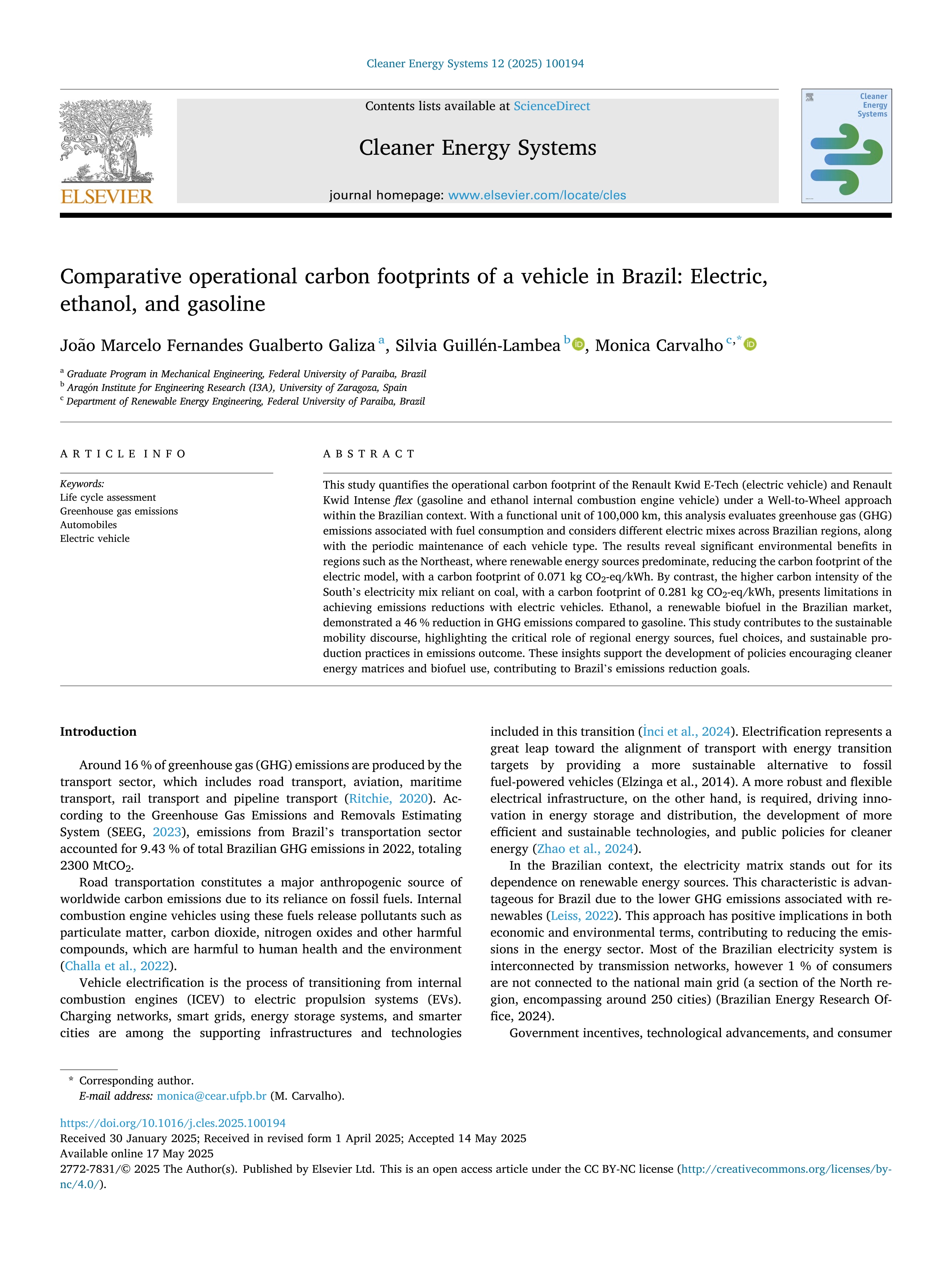 Comparative operational carbon footprints of a vehicle in Brazil: Electric, ethanol, and gasoline