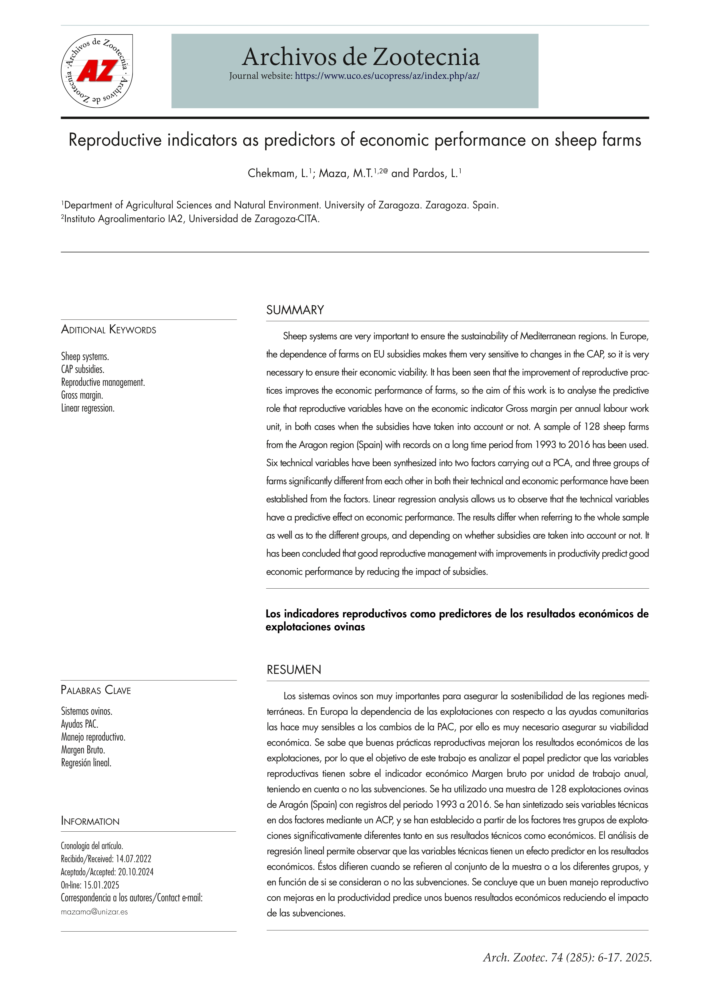 Reproductive indicators as predictors of economic performance on sheep farms