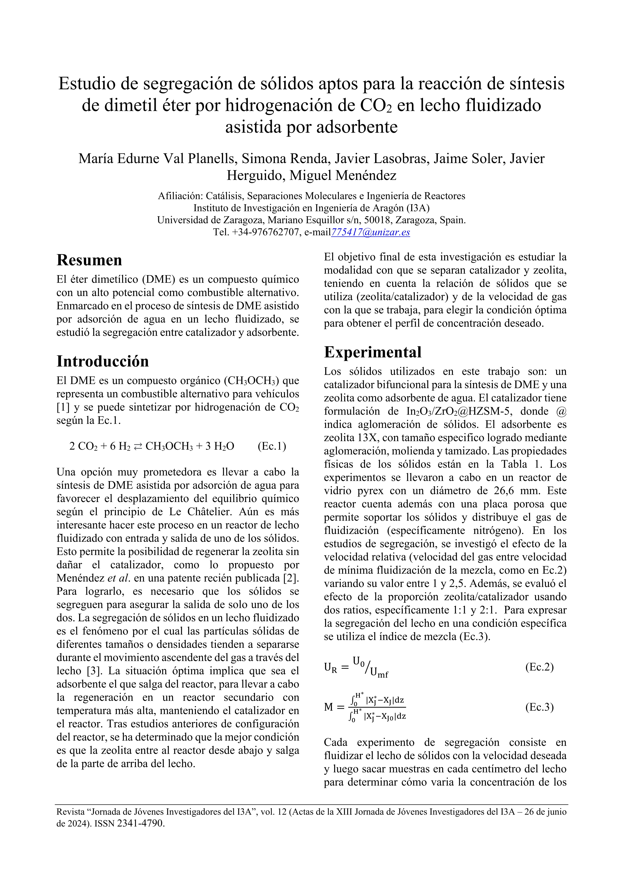 Estudio de segregación de sólidos aptos para la reacción de síntesis de dimetil éter por hidrogenación de CO2 en lecho fluidizado asistida por adsorbente