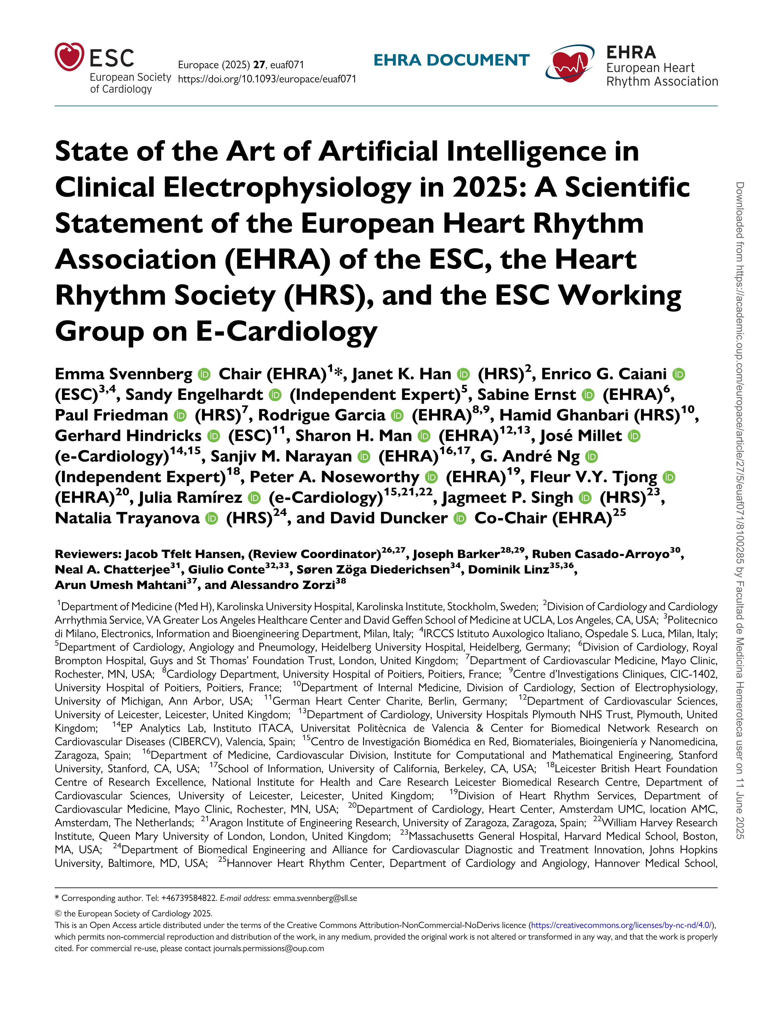 State of the Art of Artificial Intelligence in Clinical Electrophysiology in 2025: A Scientific Statement of the European Heart Rhythm Association (EHRA) of the ESC, the Heart Rhythm Society (HRS), and the ESC Working Group on E-Cardiology
