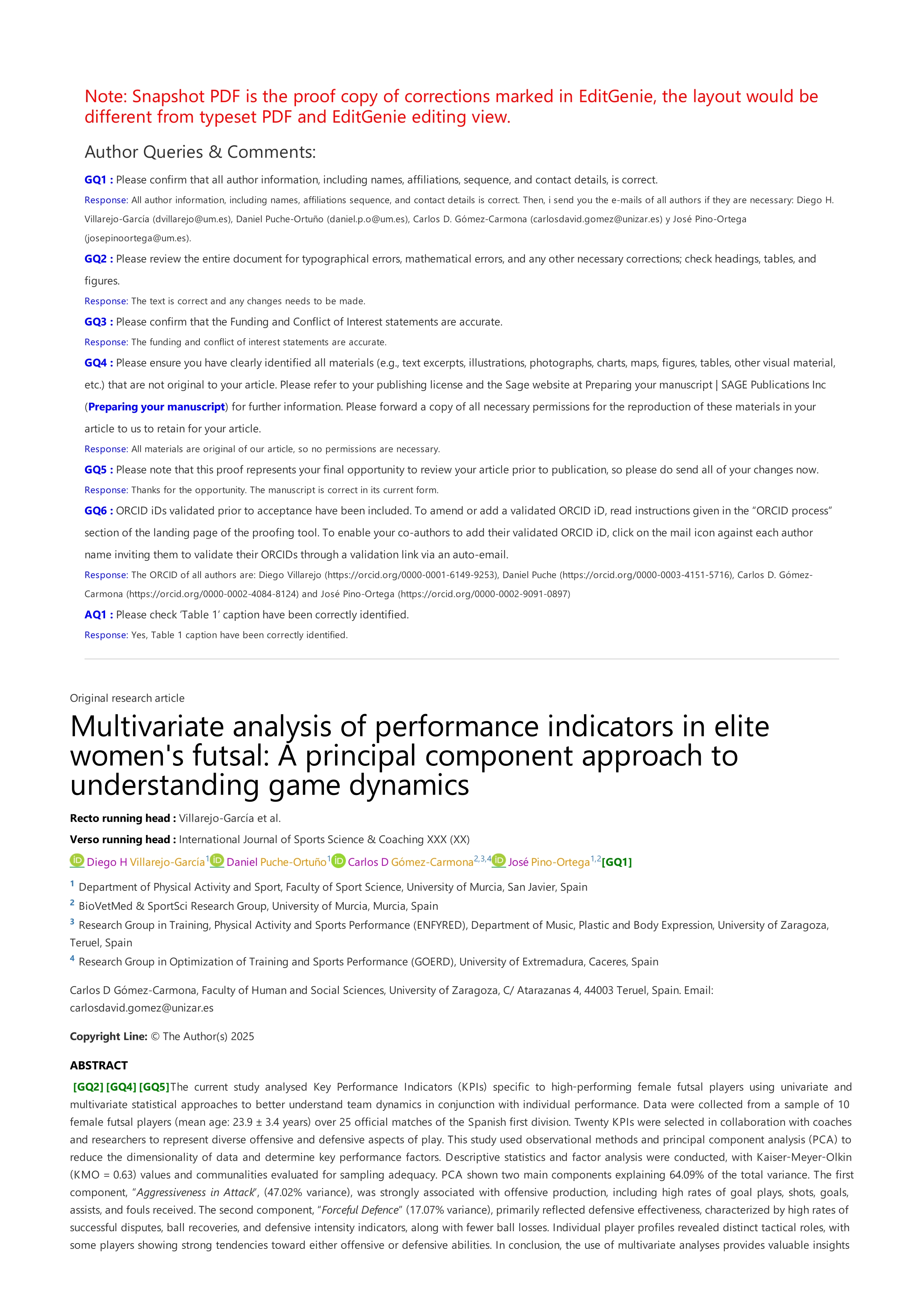 Multivariate analysis of performance indicators in elite women's futsal: A principal component approach to understanding game dynamics