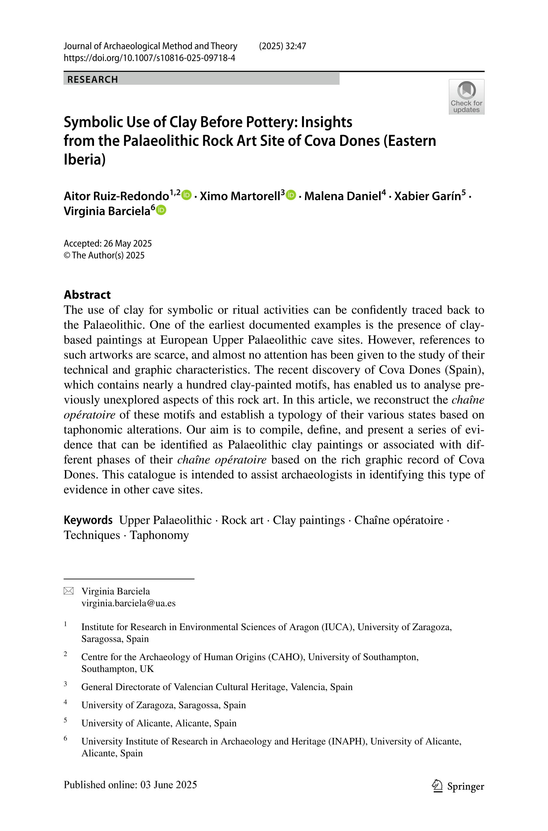 Symbolic Use of Clay Before Pottery: Insights from the Palaeolithic Rock Art Site of Cova Dones (Eastern Iberia)