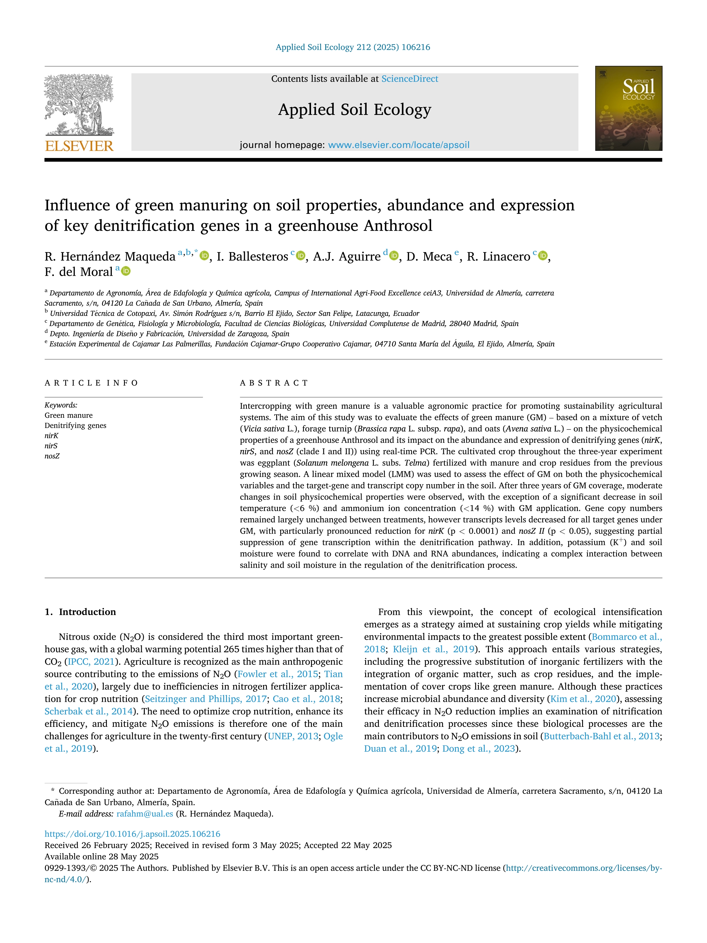 Influence of green manuring on soil properties, abundance and expression of key denitrification genes in a greenhouse Anthrosol
