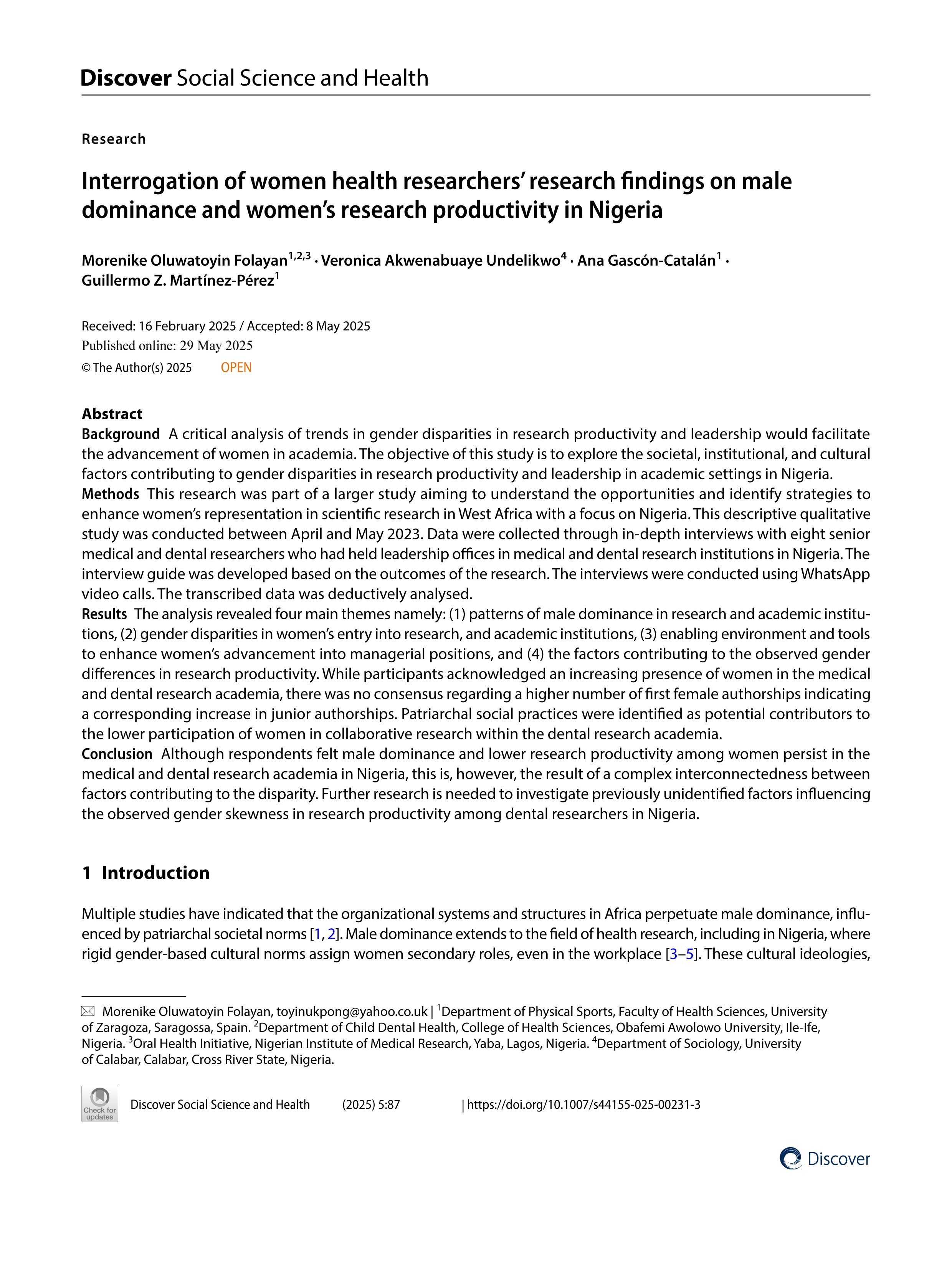 Interrogation of women health researchers’ research findings on male dominance and women's research productivity in Nigeria