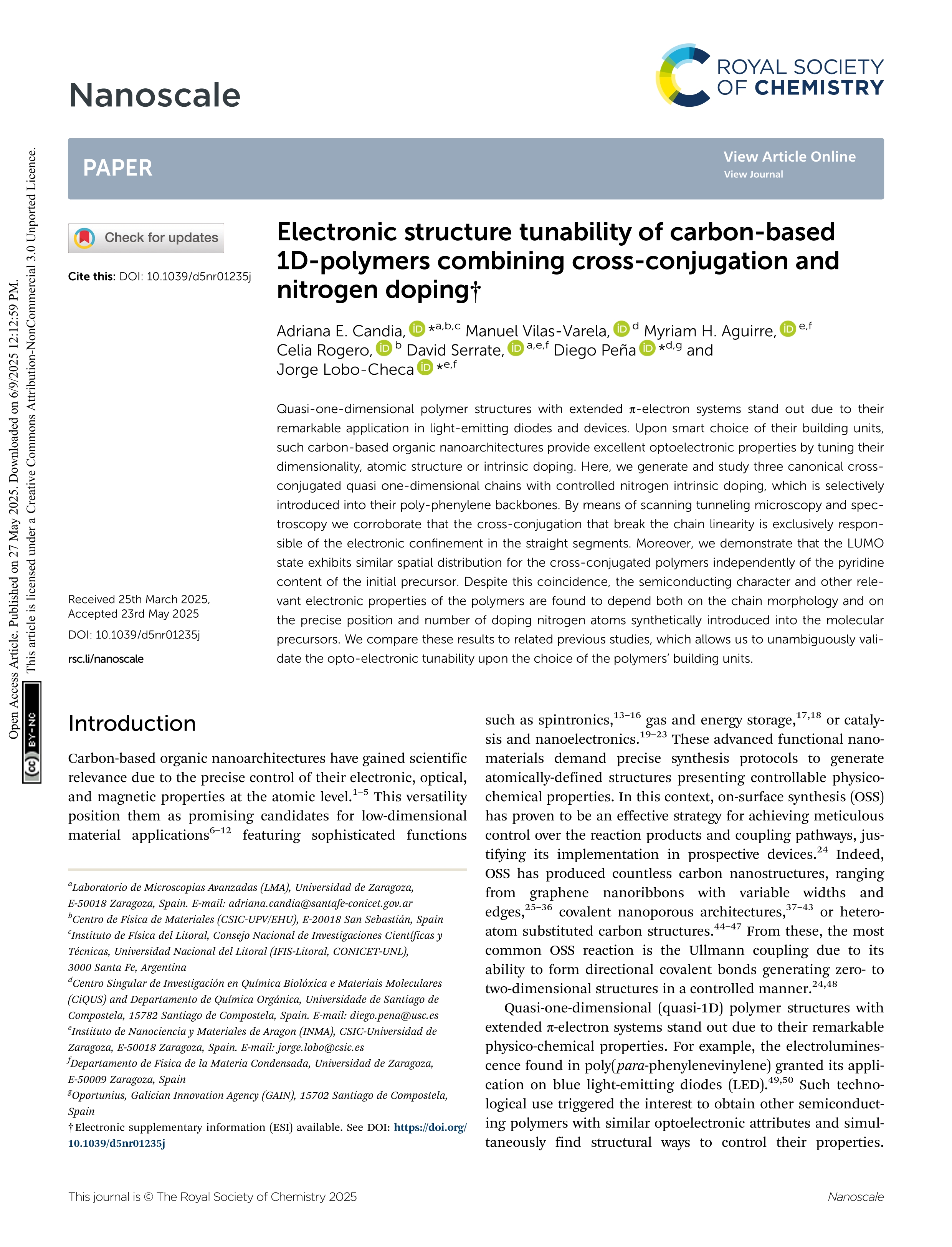 Electronic structure tunability of carbon-based 1D-polymers combining cross-conjugation and nitrogen doping