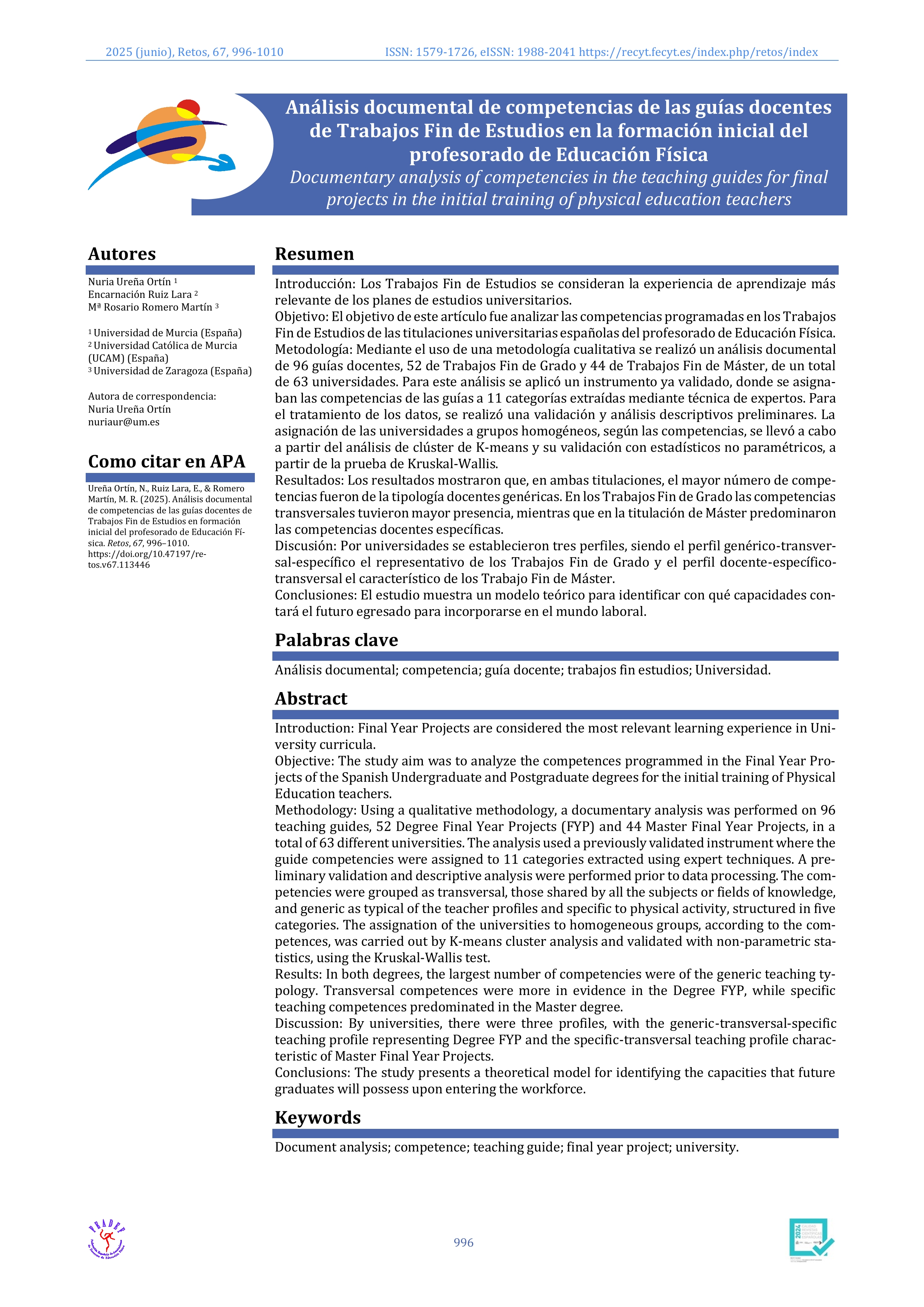 Análisis documental de competencias de las guías docentes de Trabajos Fin de Estudios en la formación inicial del profesorado de Educación Física