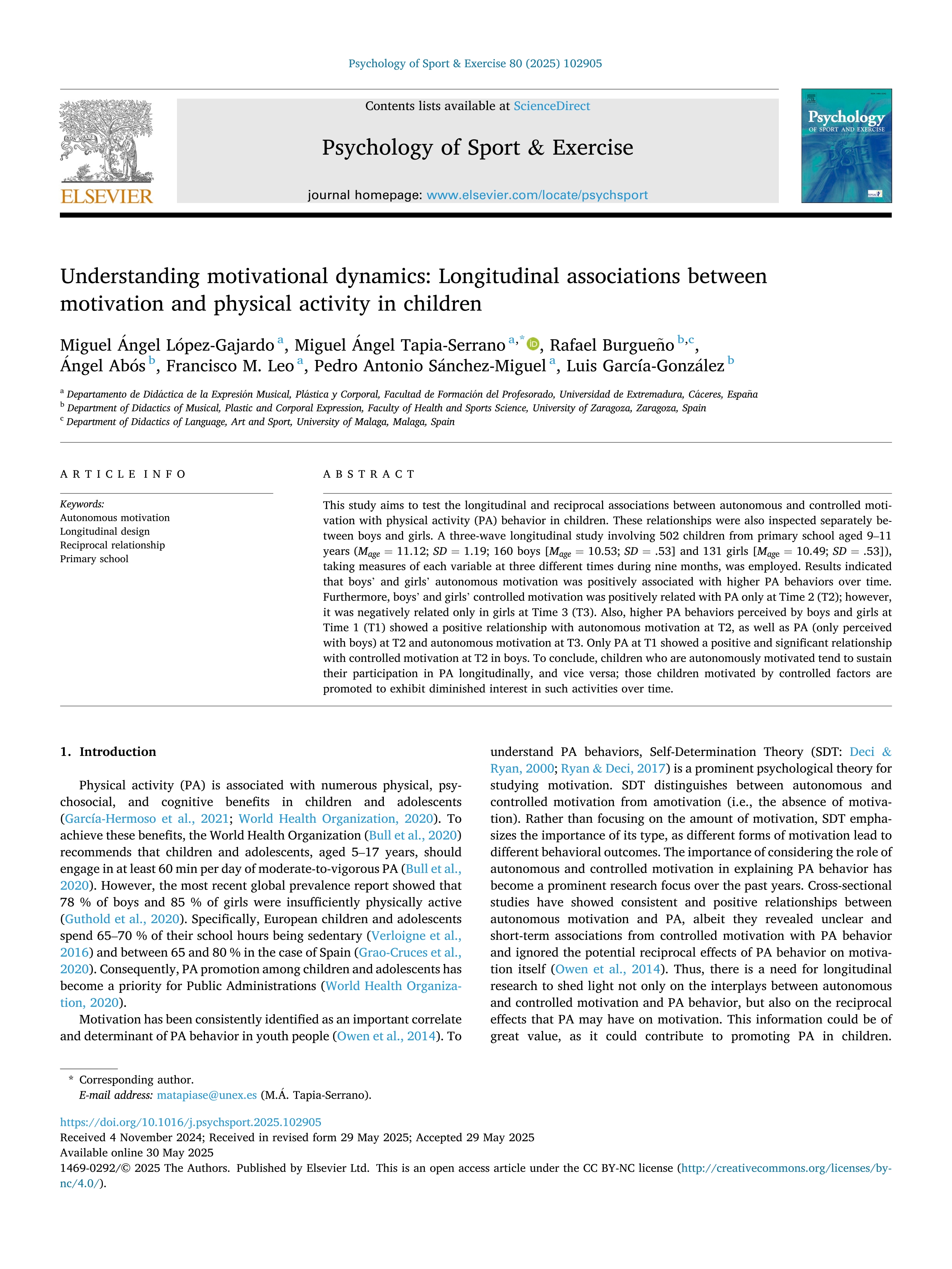 Understanding motivational dynamics: Longitudinal associations between motivation and physical activity in children