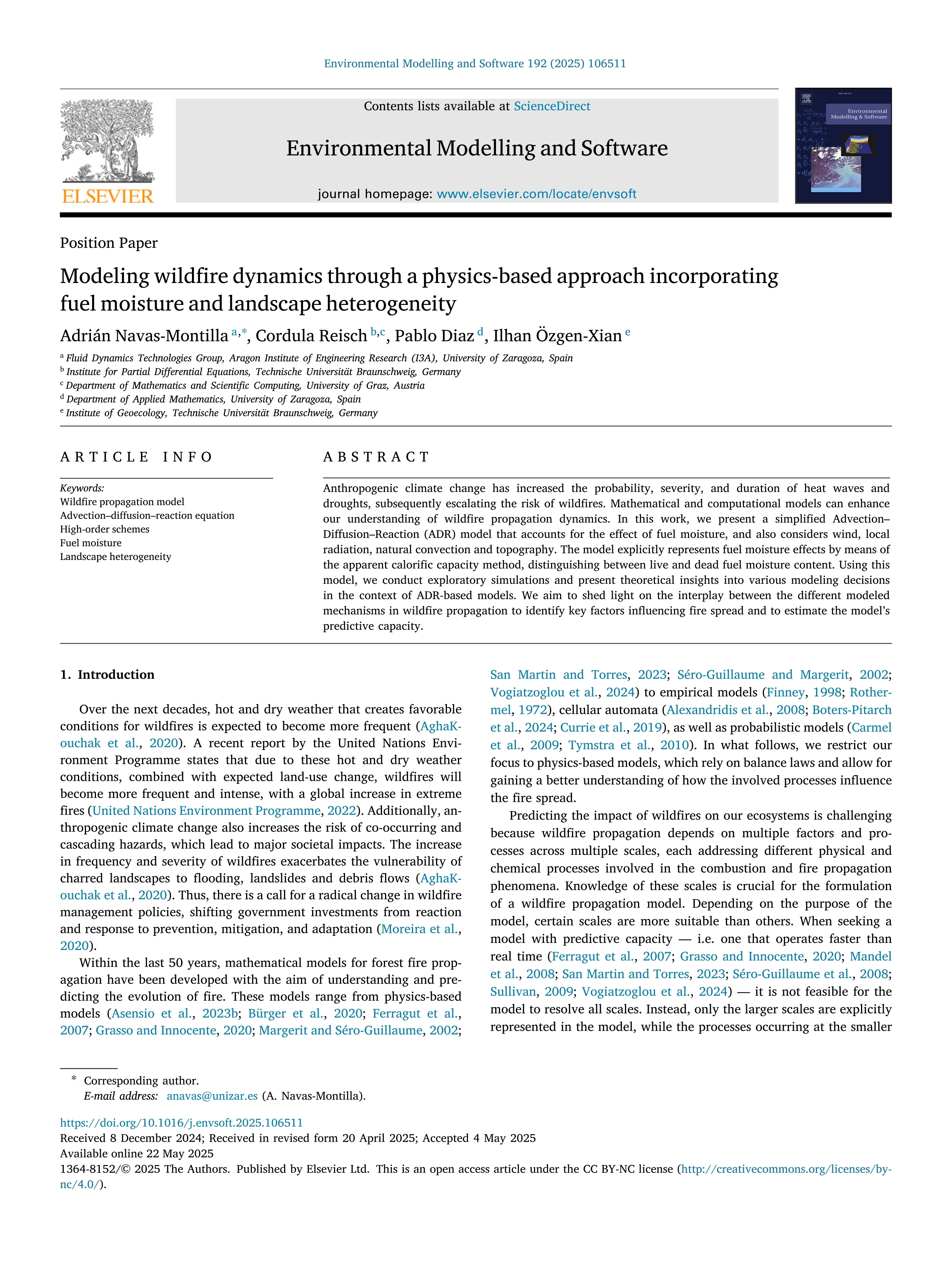 Modeling wildfire dynamics through a physics-based approach incorporating fuel moisture and landscape heterogeneity