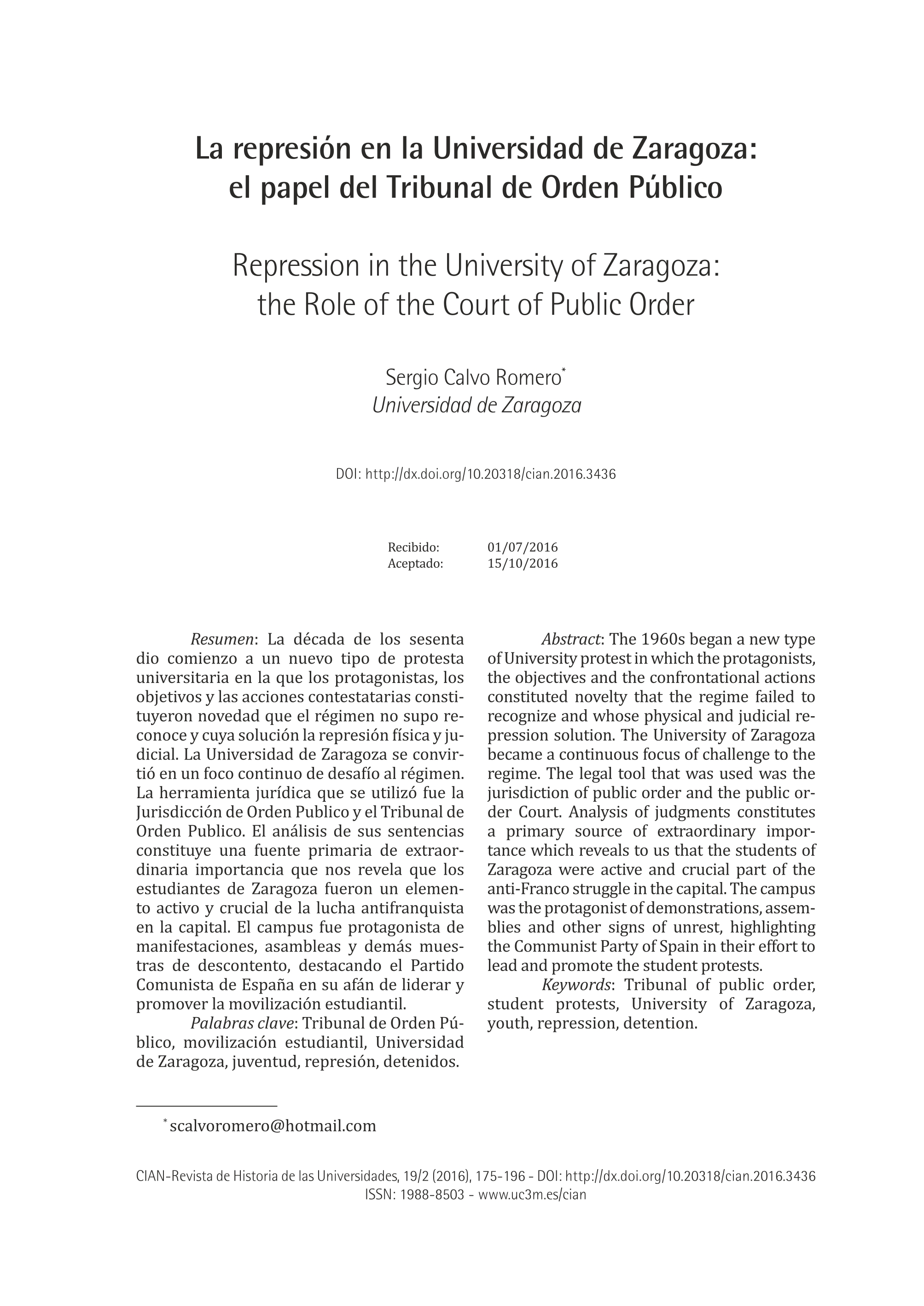 La represión en la Universidad de Zaragoza: el papel del Tribunal de Orden Público