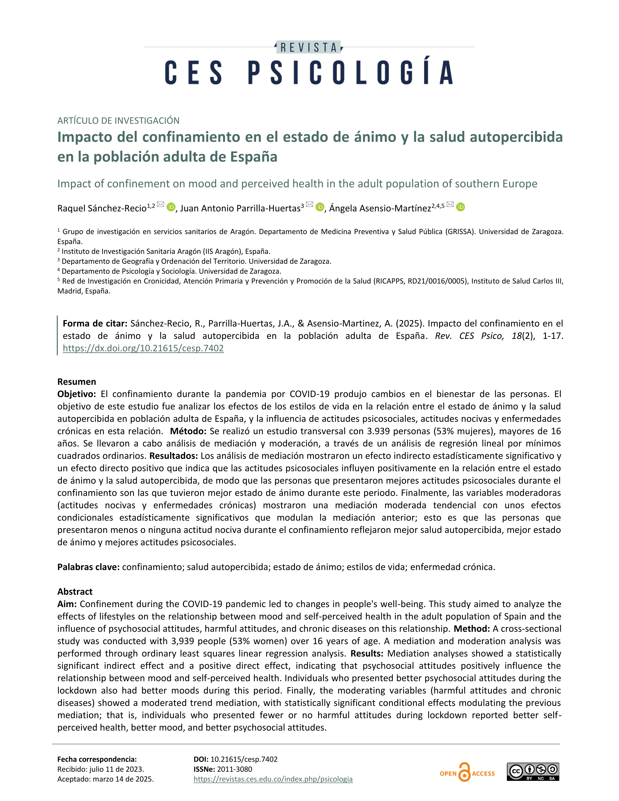 Impacto del confinamiento en el estado de ánimo y la salud autopercibida en la población adulta de España