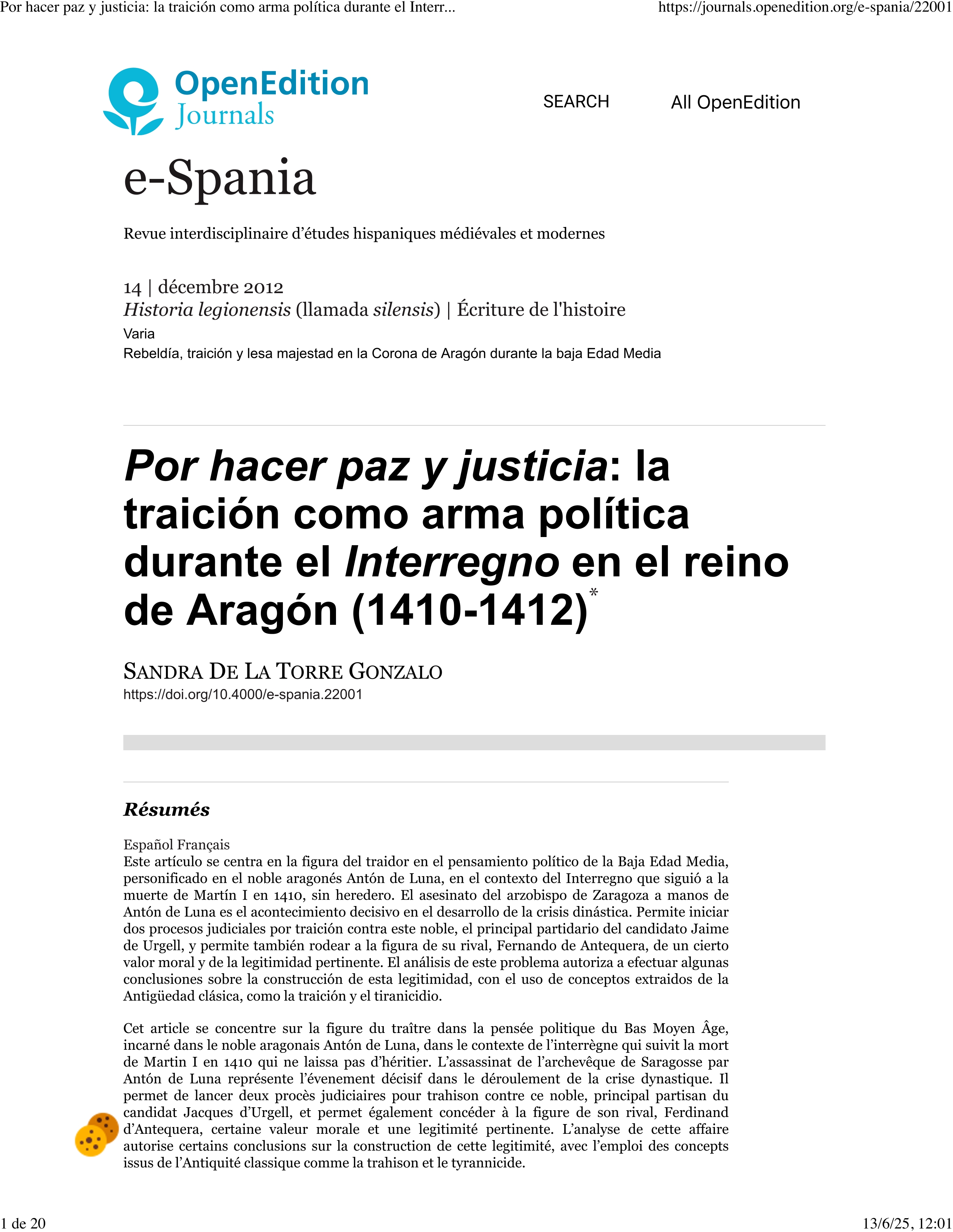 Por hacer paz y justicia: la traición como arma política durante el Interregno en el reino de Aragón (1410-1412)*