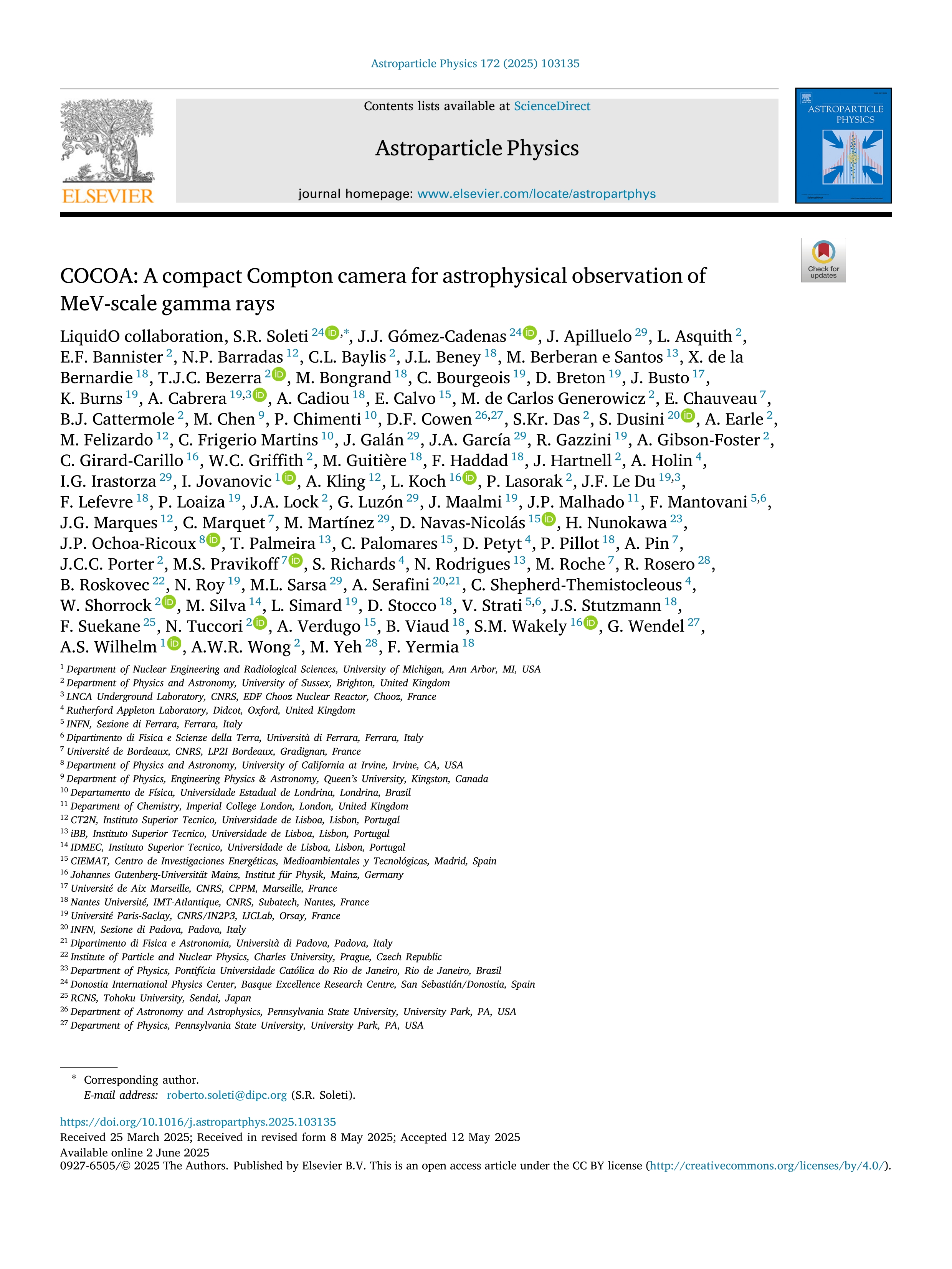 COCOA: A compact Compton camera for astrophysical observation of MeV-scale gamma rays