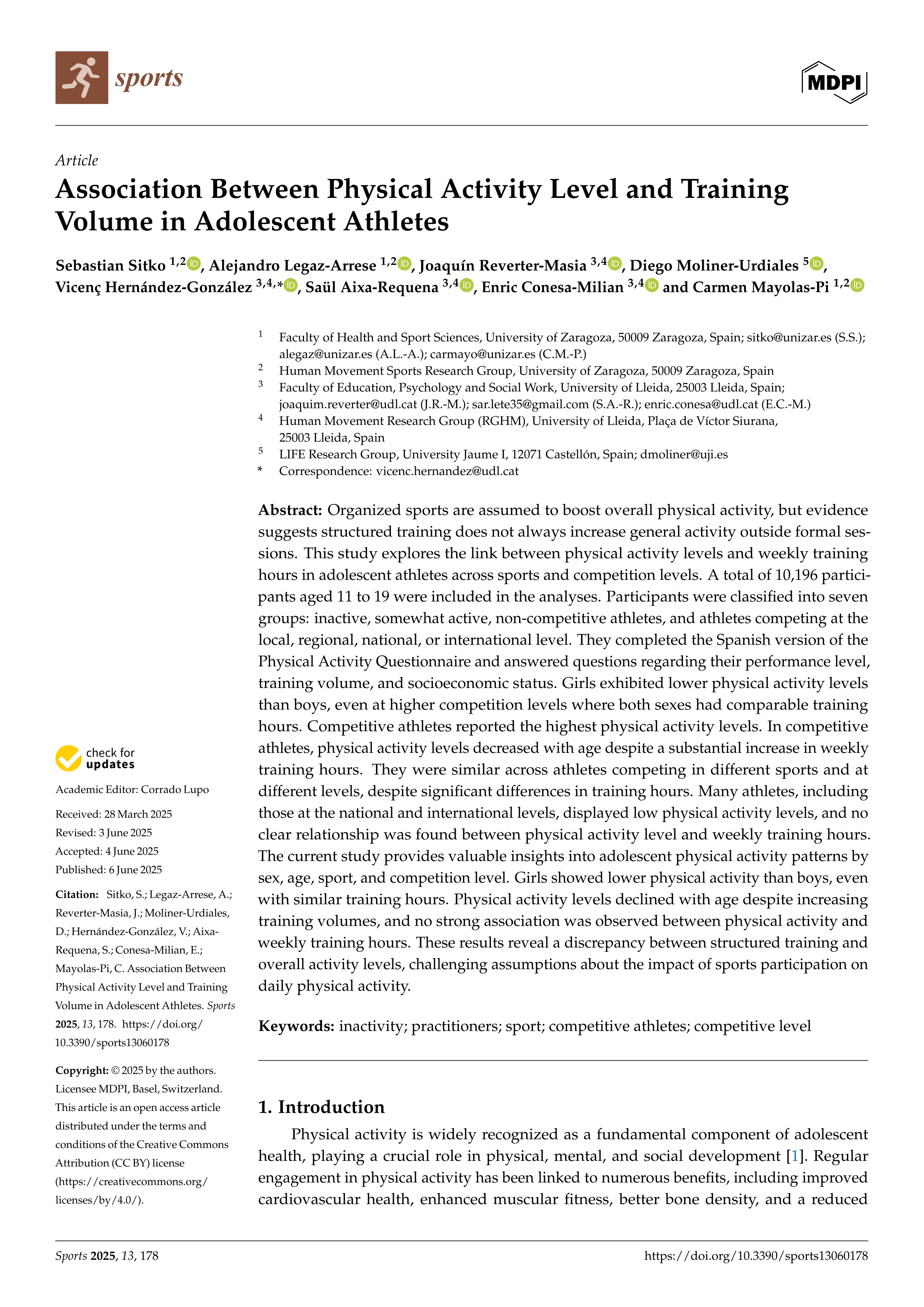 Association Between Physical Activity Level and Training Volume in Adolescent Athletes