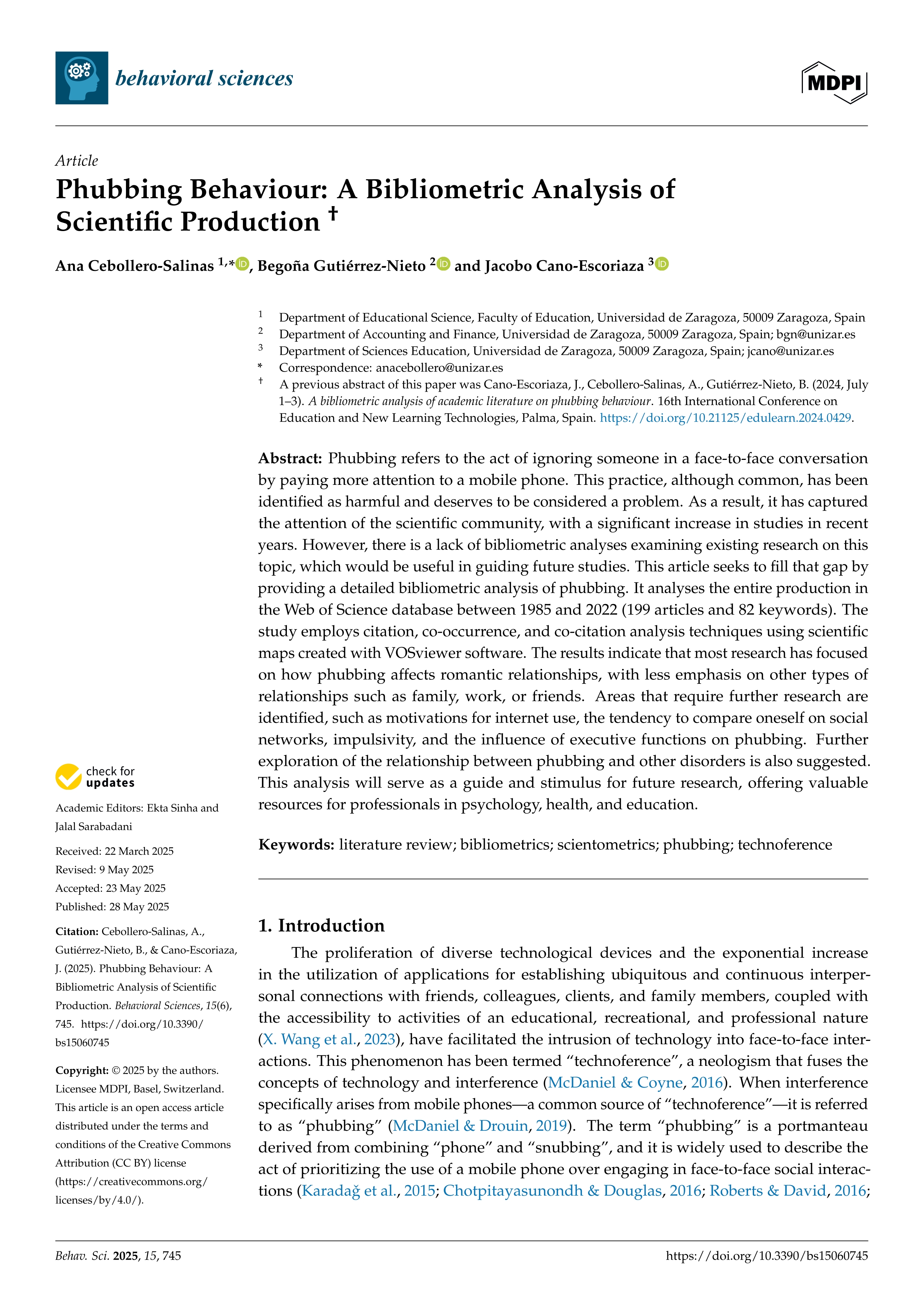 Phubbing Behaviour: A Bibliometric Analysis of Scientific Production