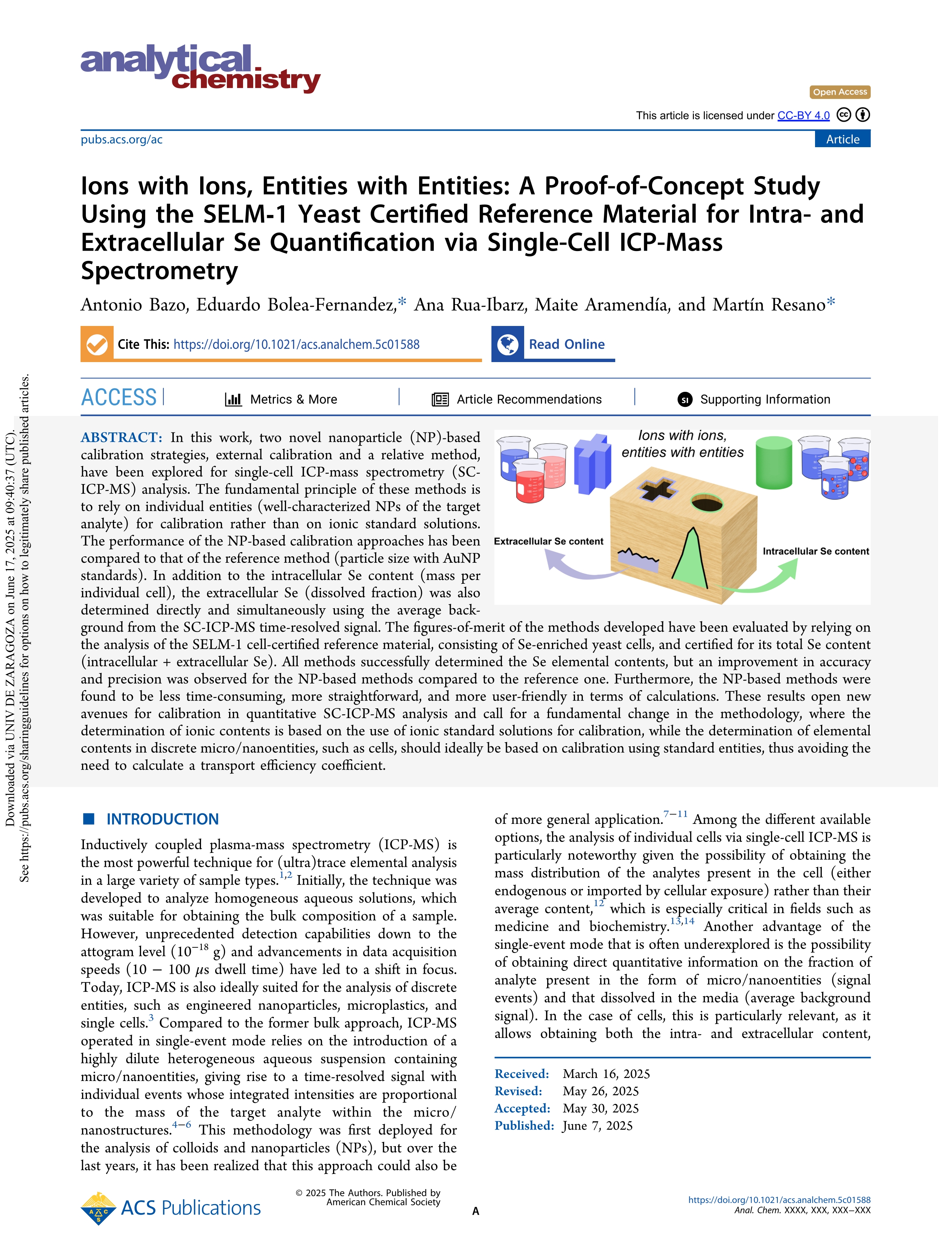 Ions with Ions, Entities with Entities: A Proof-of-Concept Study Using the SELM-1 Yeast Certified Reference Material for Intra- and Extracellular Se Quantification via Single-Cell ICP-Mass Spectrometry