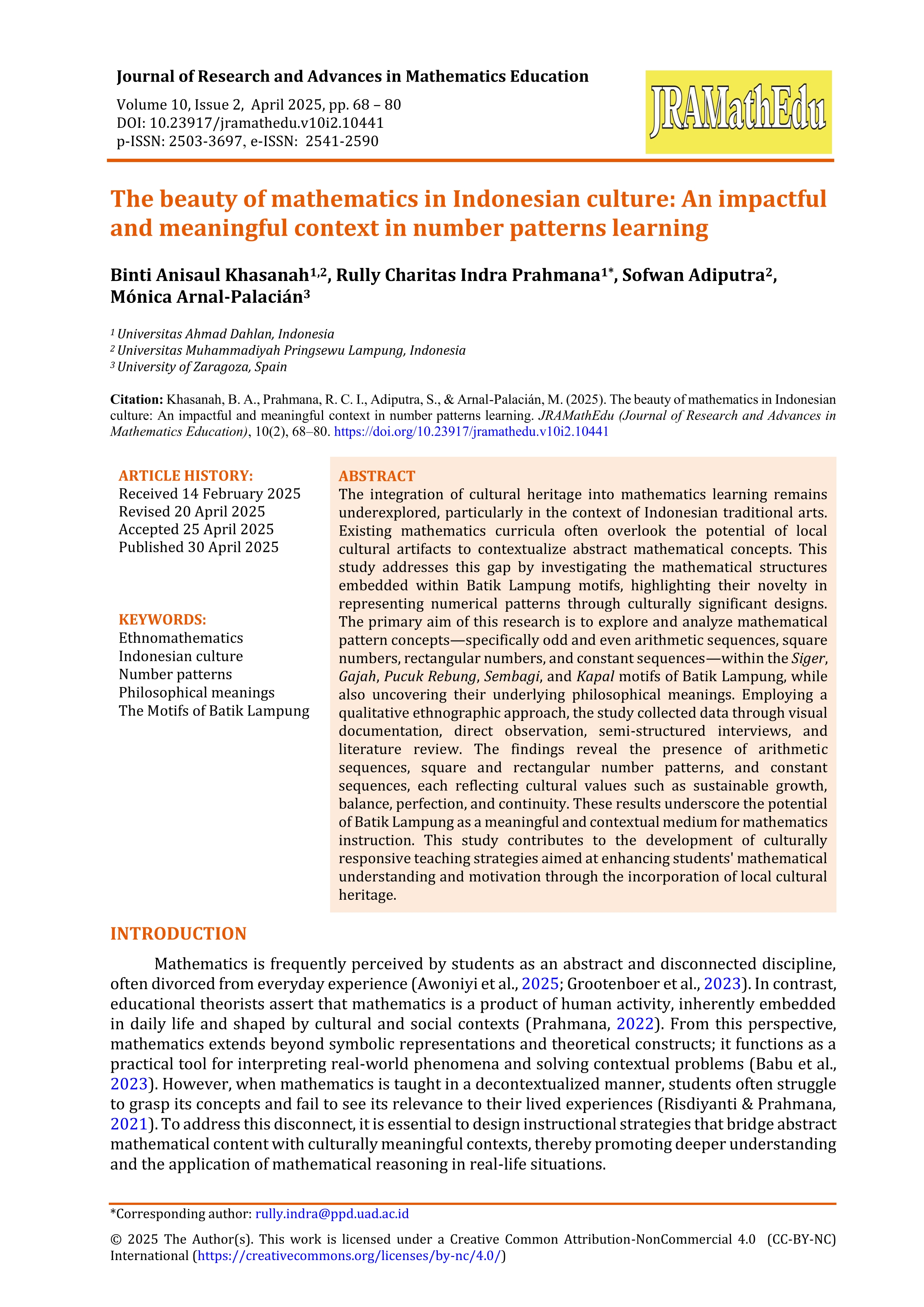 The beauty of mathematics in Indonesian culture: An impactful and meaningful context in number patterns learning