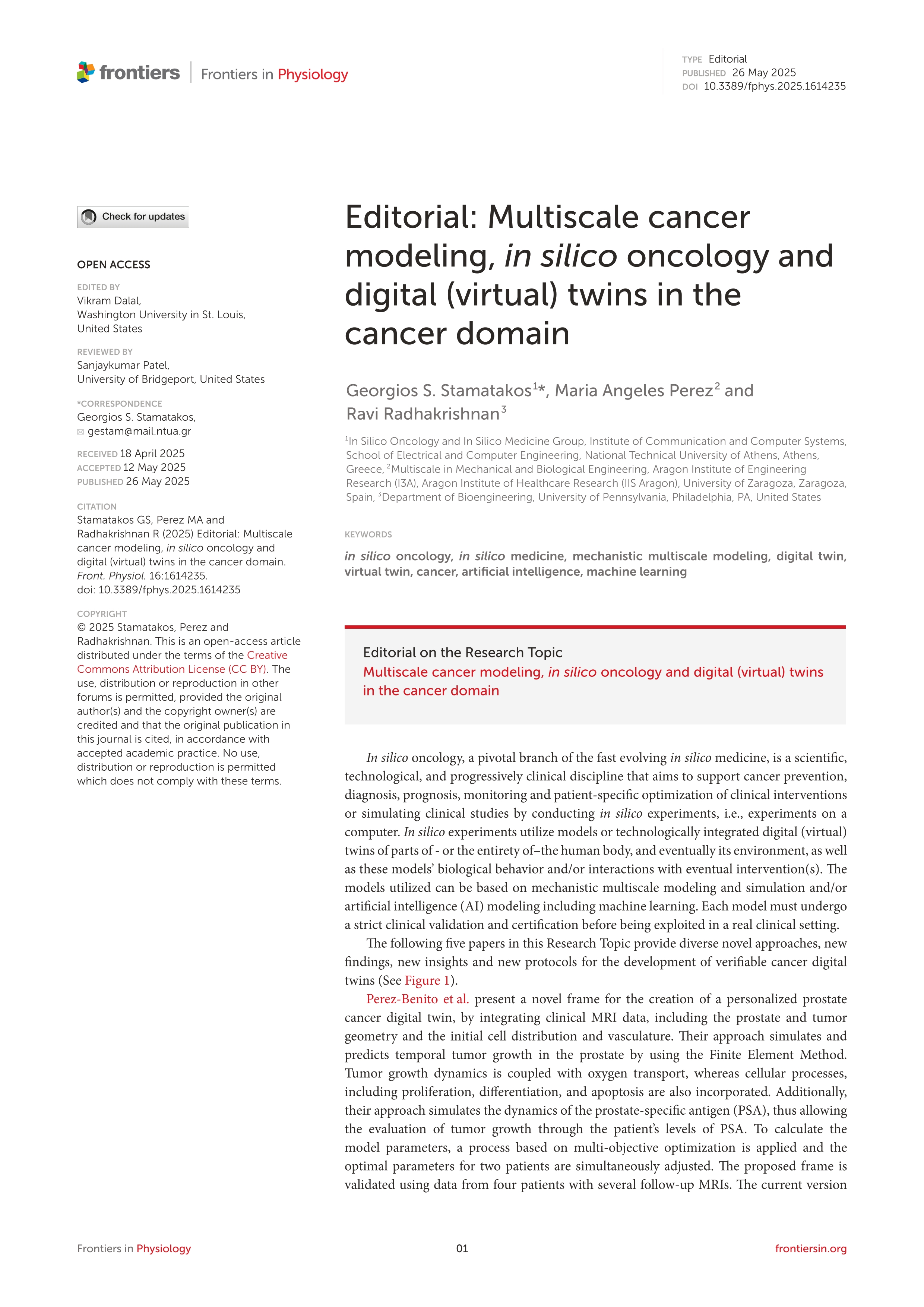Editorial: Multiscale cancer modeling, in silico oncology and digital (virtual) twins in the cancer domain