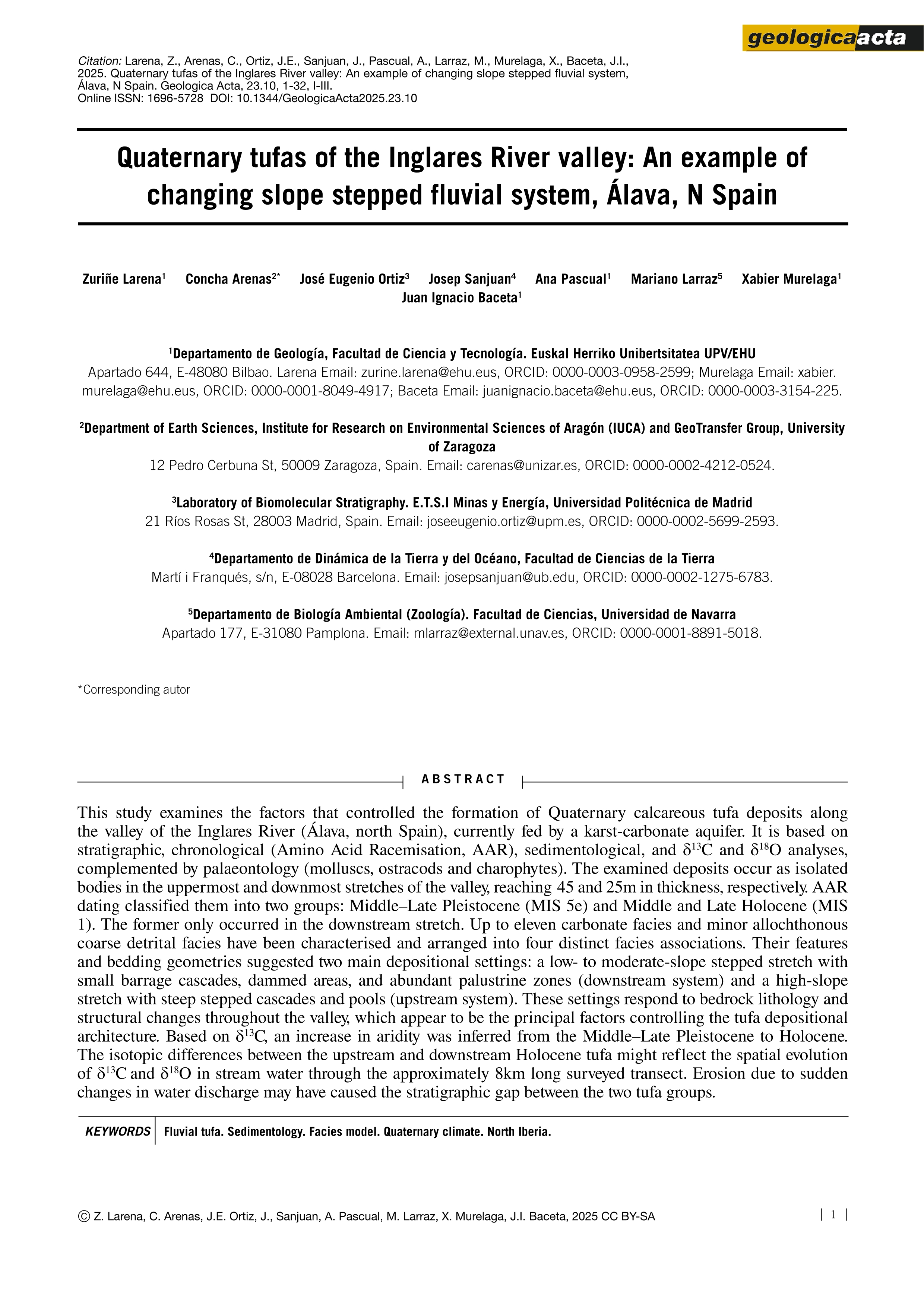 Quaternary tufas of the Inglares River valley: An example of changing slope stepped fluvial system, Álava, N Spain