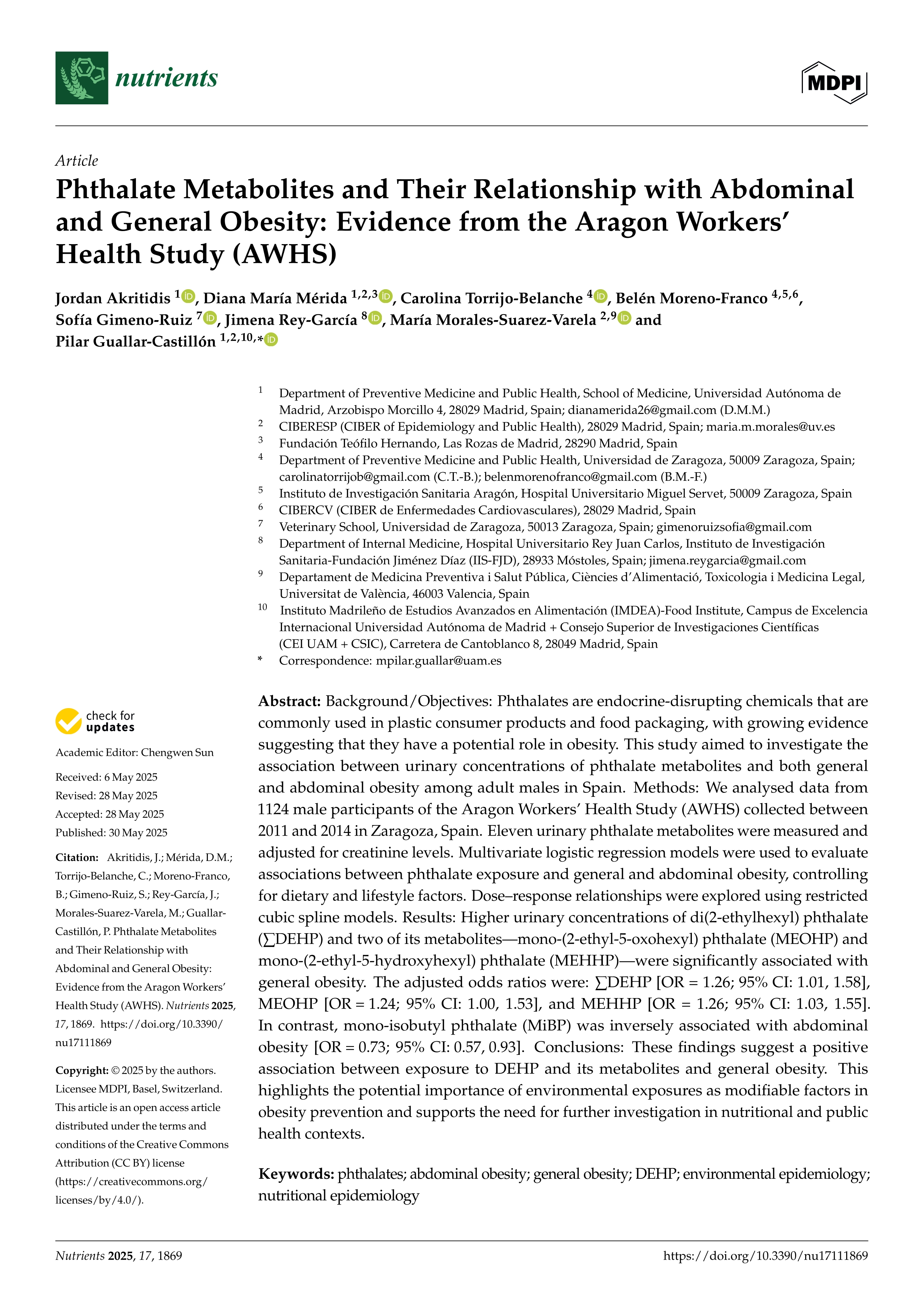 Phthalate Metabolites and Their Relationship with Abdominal and General Obesity: Evidence from the Aragon Workers’ Health Study (AWHS)