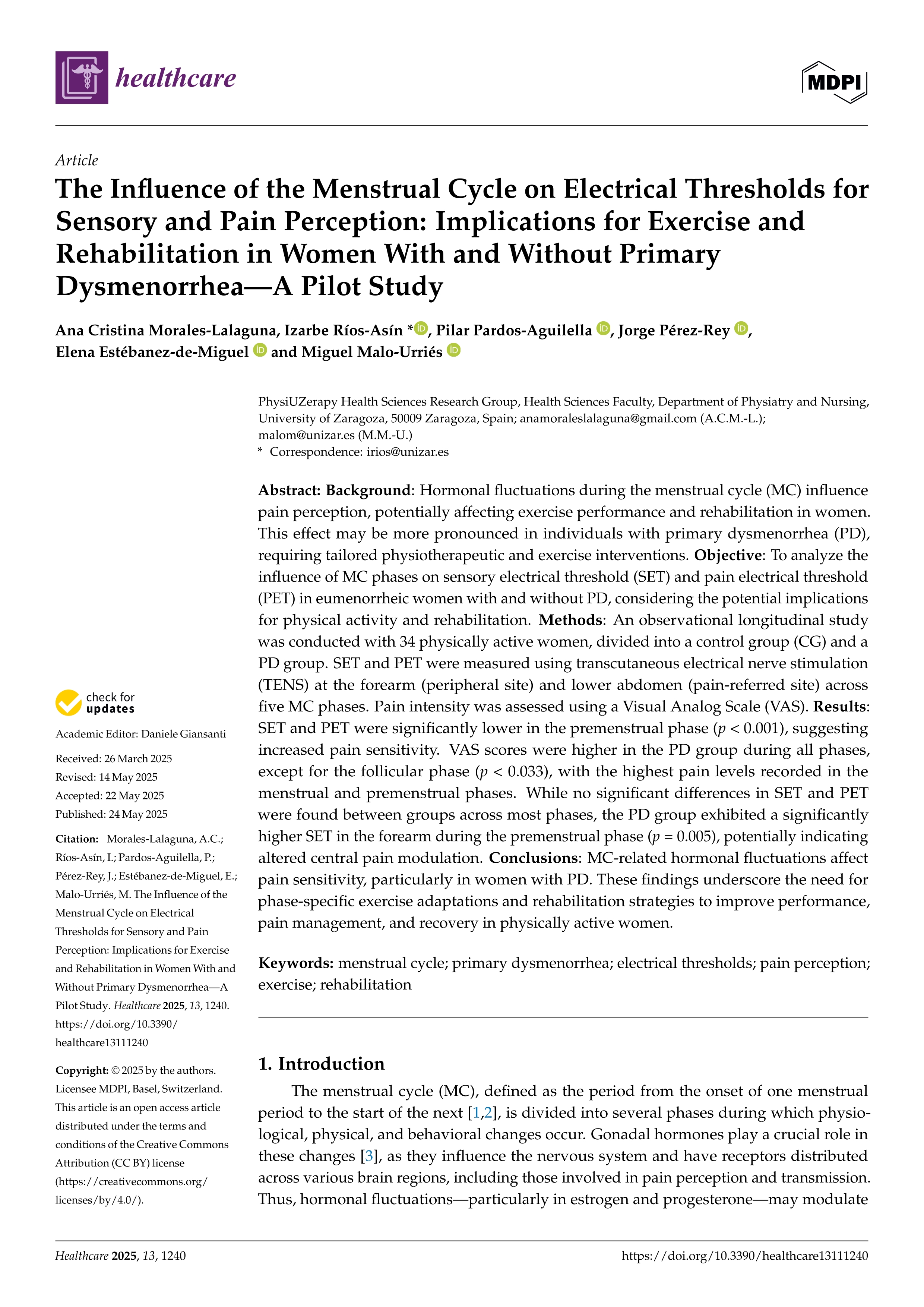 The Influence of the Menstrual Cycle on Electrical Thresholds for Sensory and Pain Perception: Implications for Exercise and Rehabilitation in Women With and Without Primary Dysmenorrhea—A Pilot Study