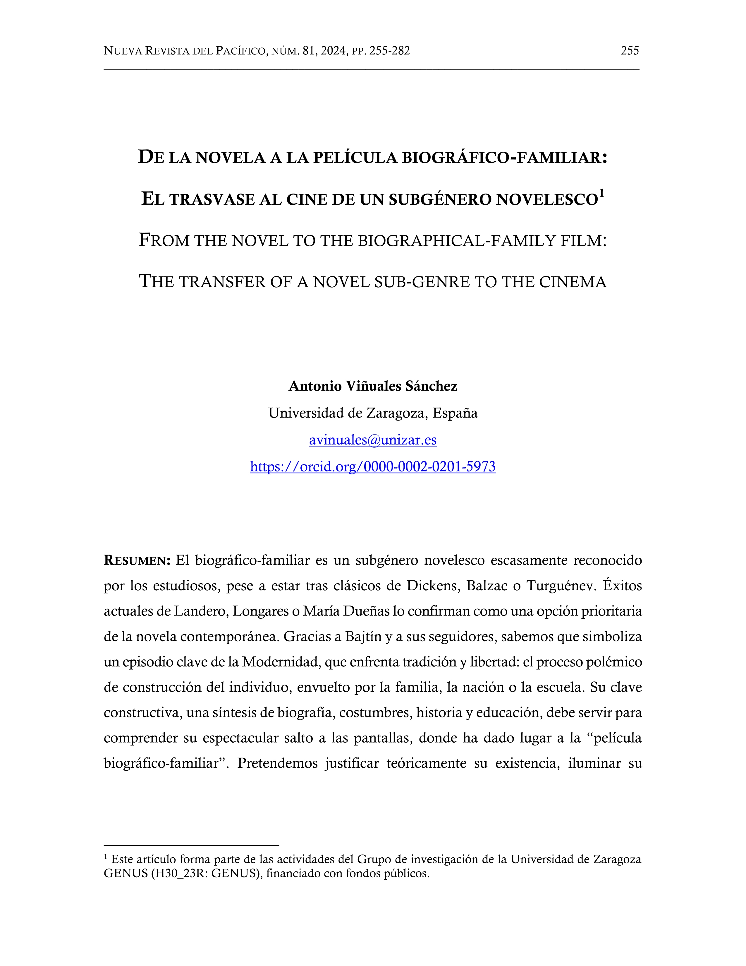De la novela a la película biográfico-familiar: el trasvase al cine de un subgénero novelesco