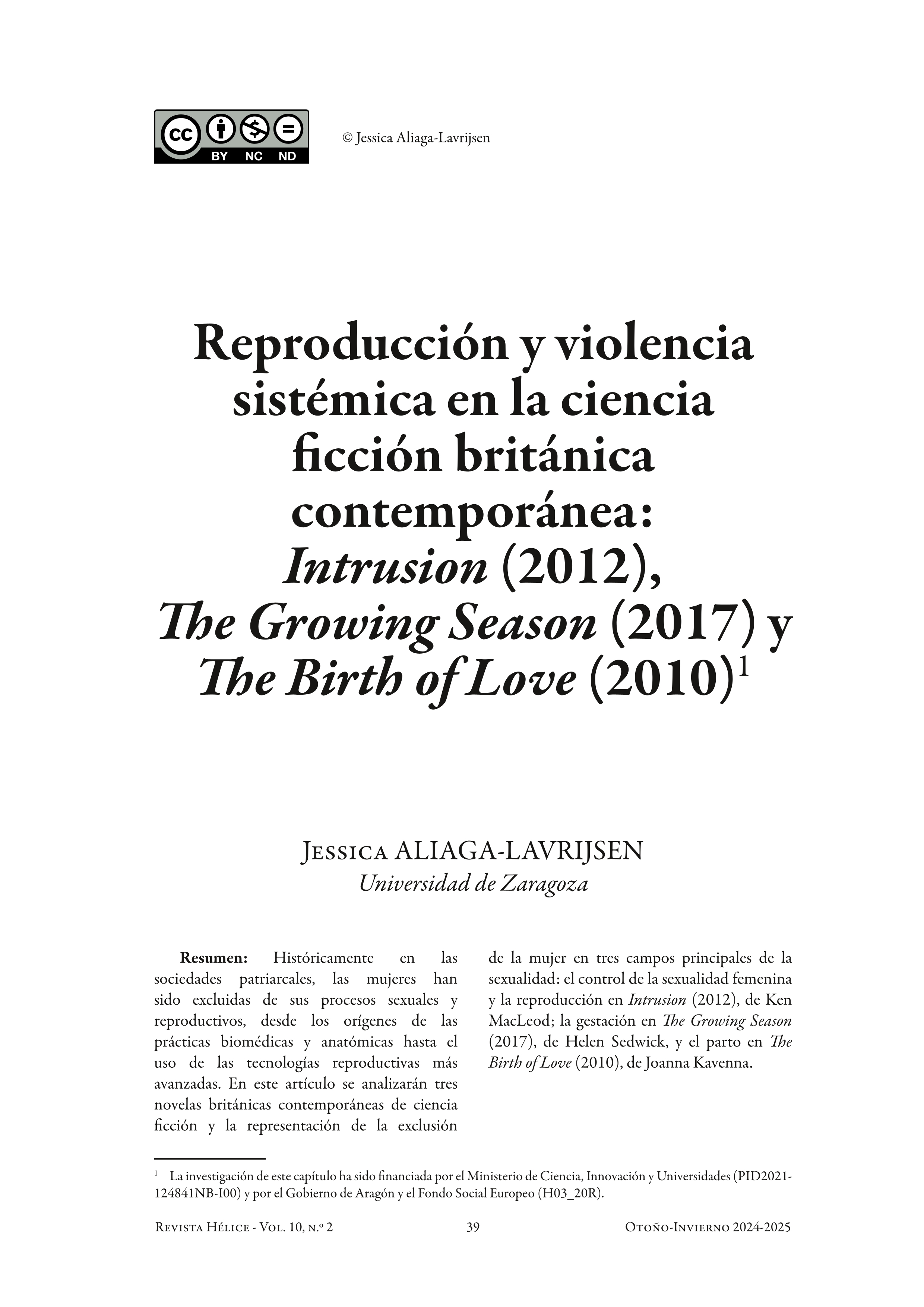 Reproducción y violencia sistémica en la ciencia ficción británica contemporánea: Intrusion (2012), The Growing Season (2017) y The Birth of Love (2010)