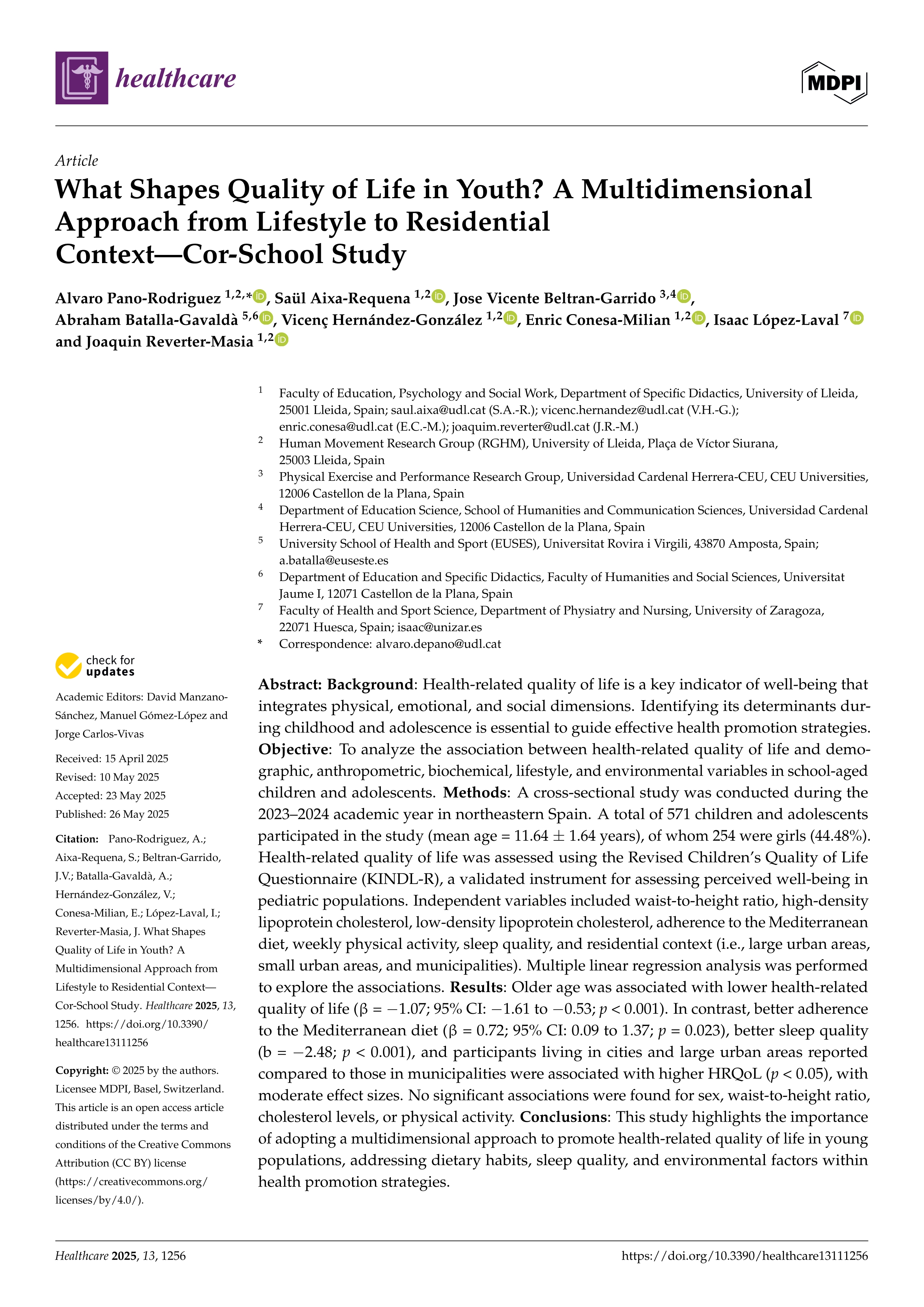 What Shapes Quality of Life in Youth? A Multidimensional Approach from Lifestyle to Residential Context—Cor-School Study