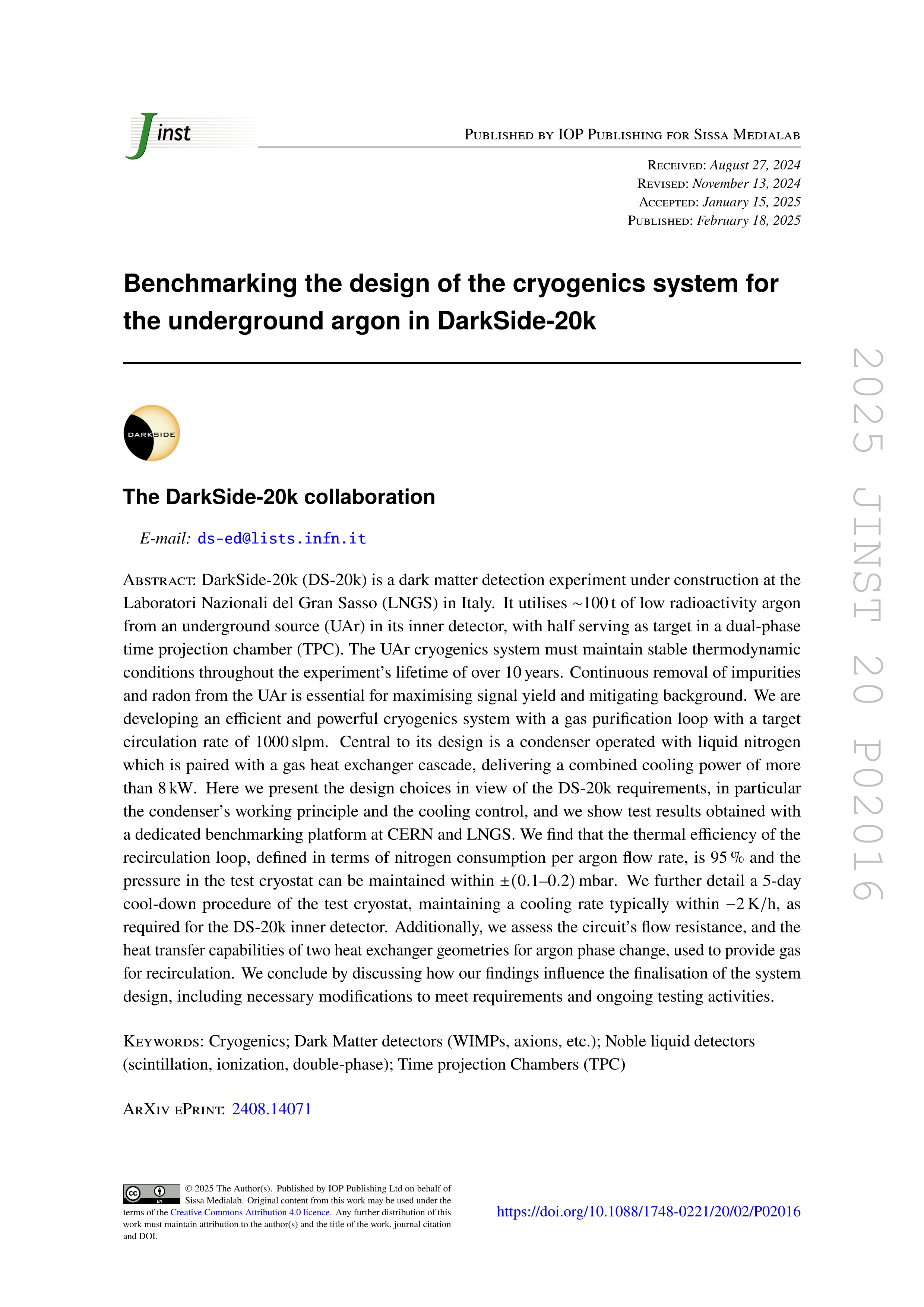Benchmarking the design of the cryogenics system for the underground argon in DarkSide-20k