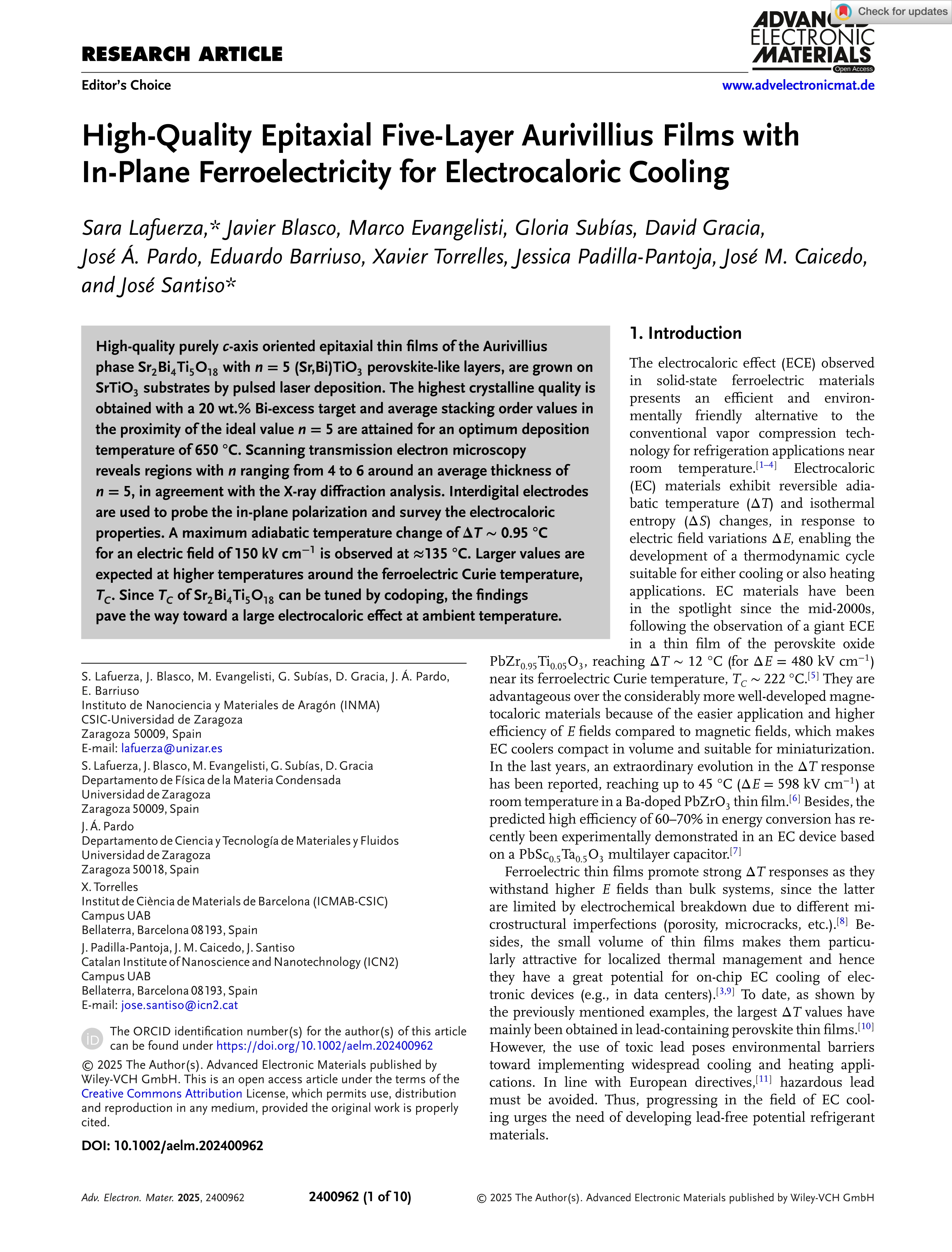 High‐quality epitaxial five‐layer aurivillius films with in‐plane ferroelectricity for electrocaloric cooling