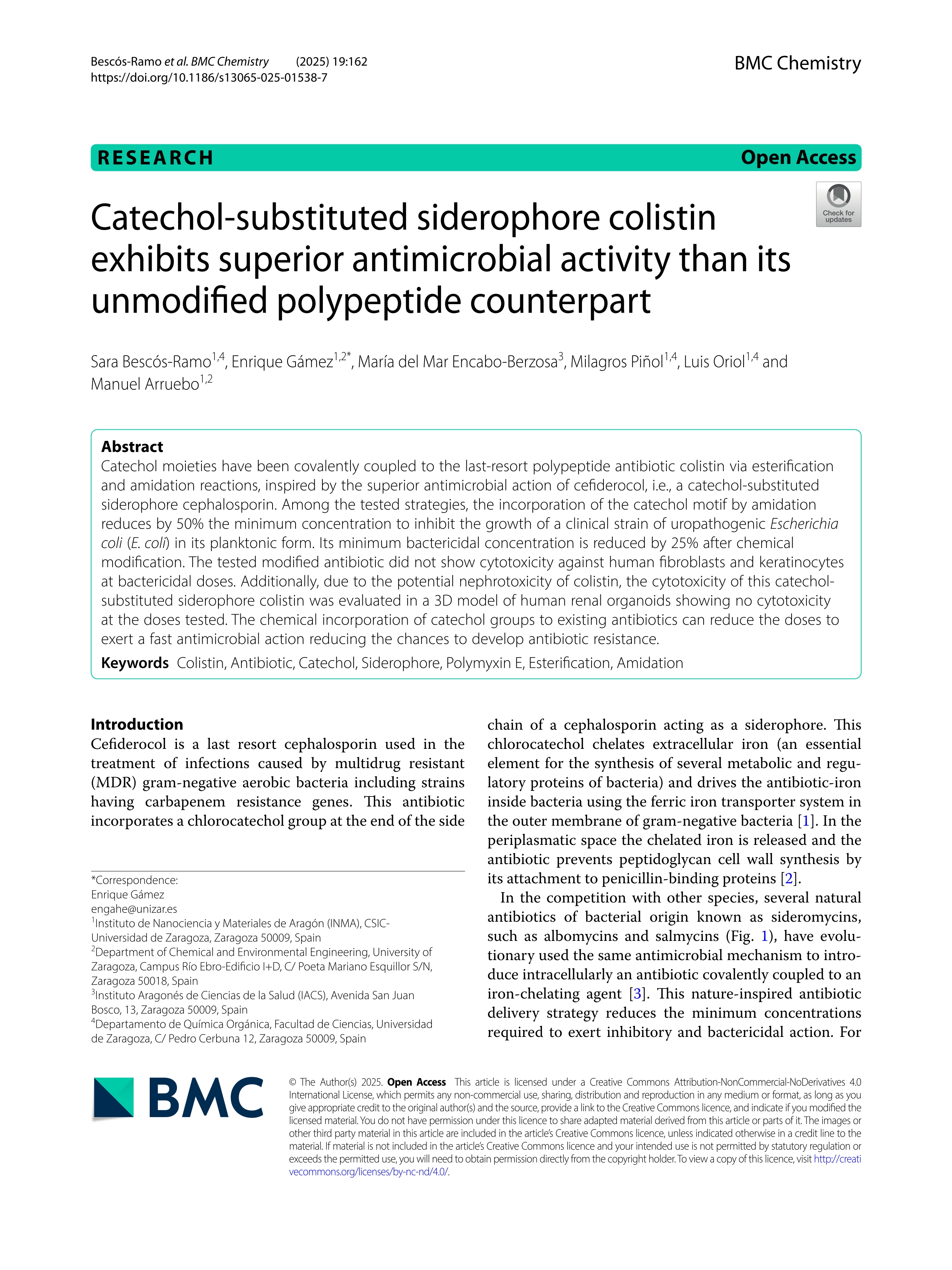 Catechol-substituted siderophore colistin exhibits superior antimicrobial activity than its unmodified polypeptide counterpart