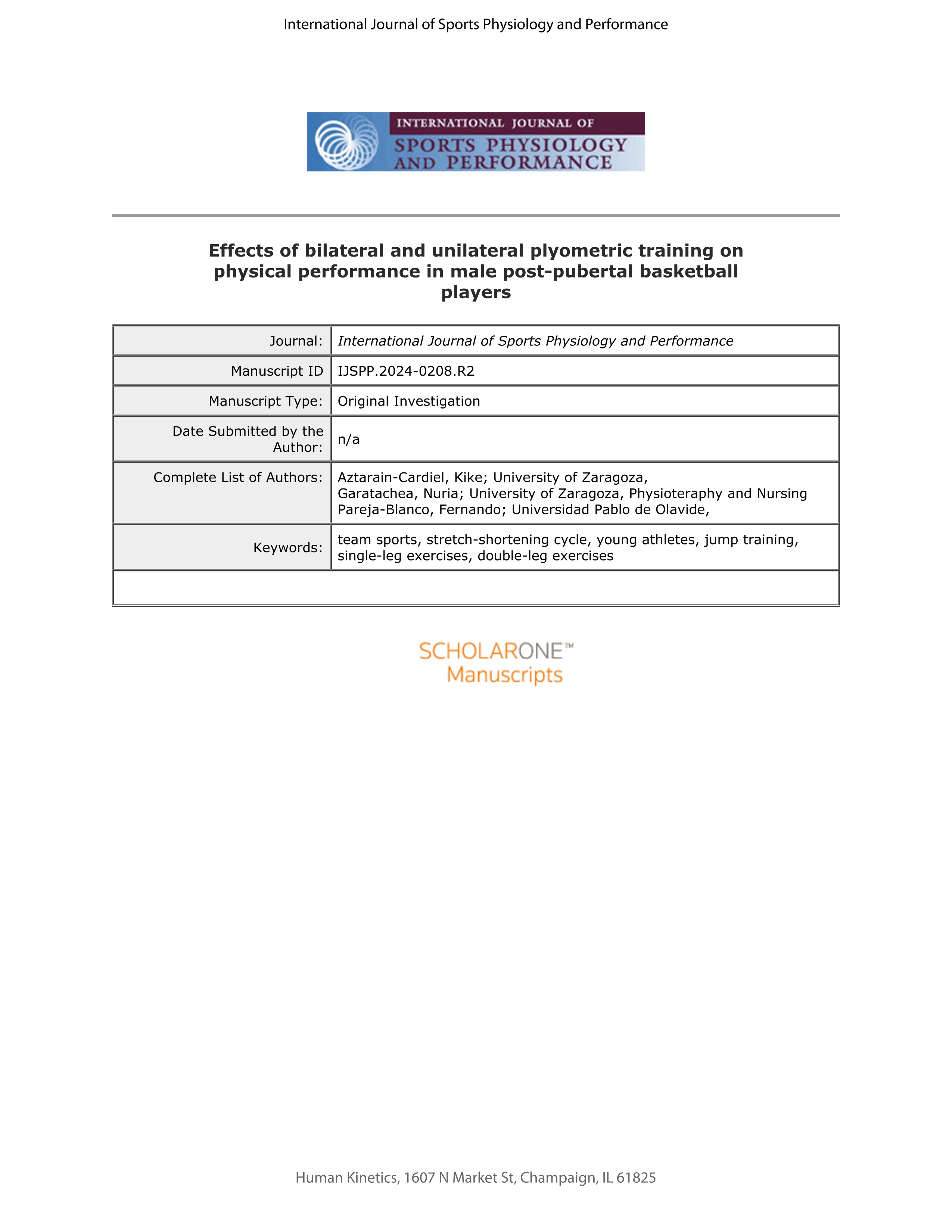 Effects of Bilateral and Unilateral Plyometric Training on Physical Performance in Male Postpubertal Basketball Players