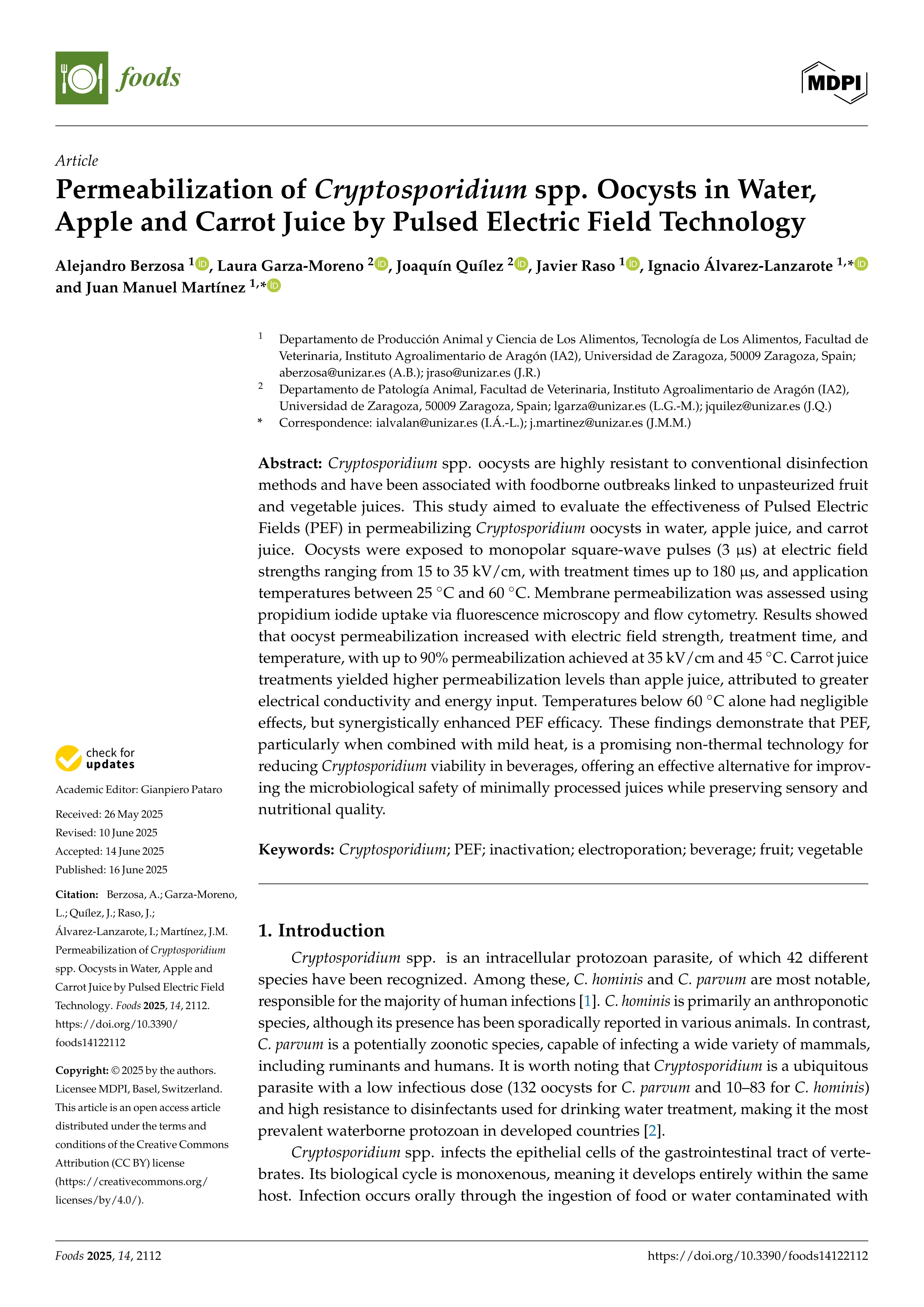Permeabilization of Cryptosporidium spp. Oocysts in Water, Apple and Carrot Juice by Pulsed Electric Field Technology