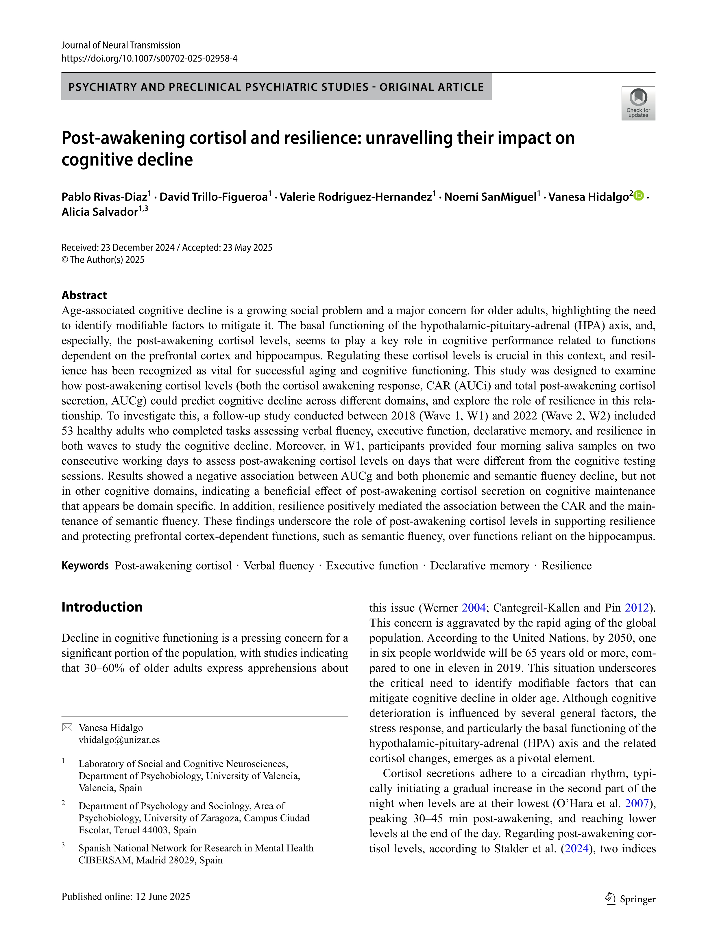 Post-awakening cortisol and resilience: unravelling their impact on cognitive decline