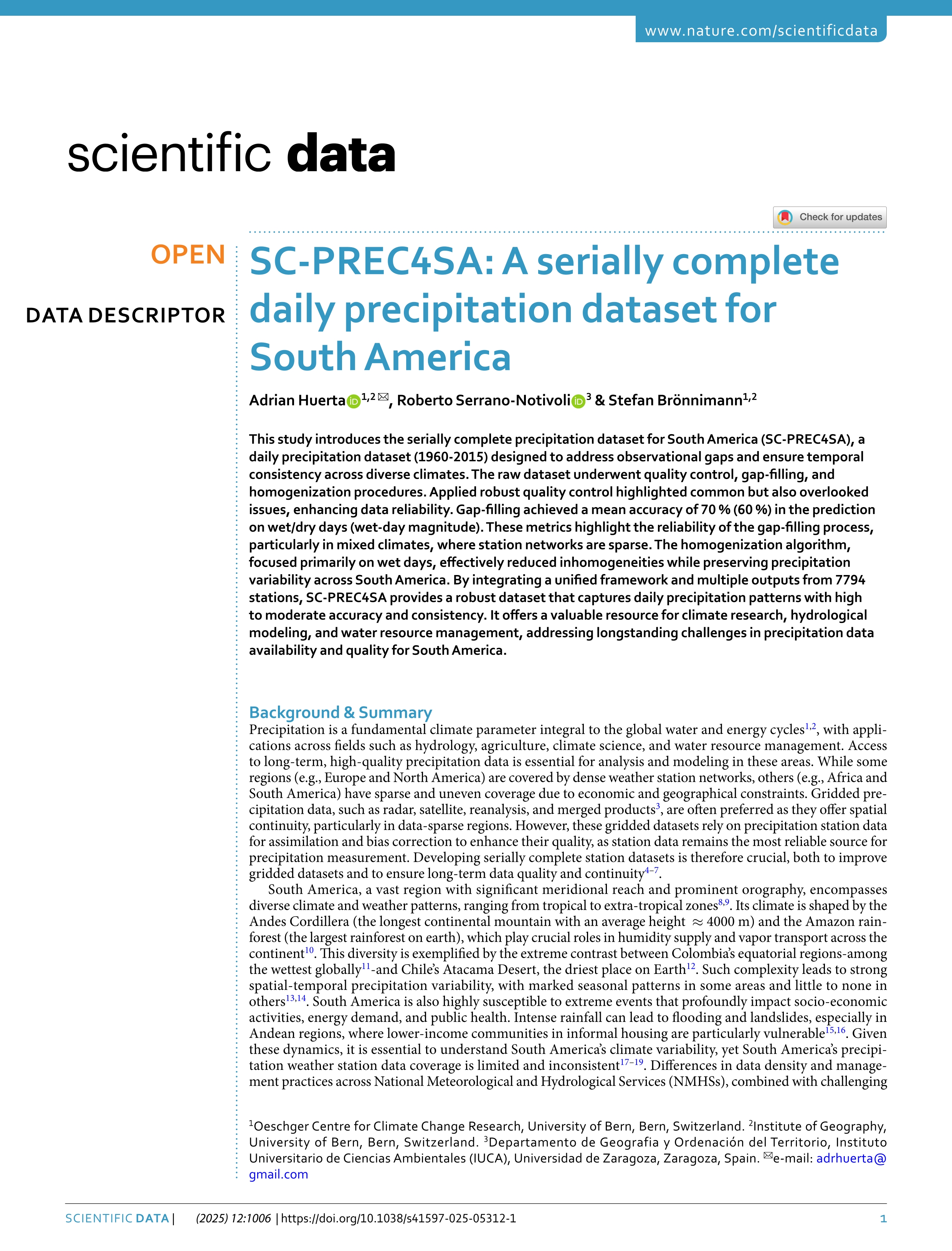 SC-PREC4SA: A serially complete daily precipitation dataset for South America