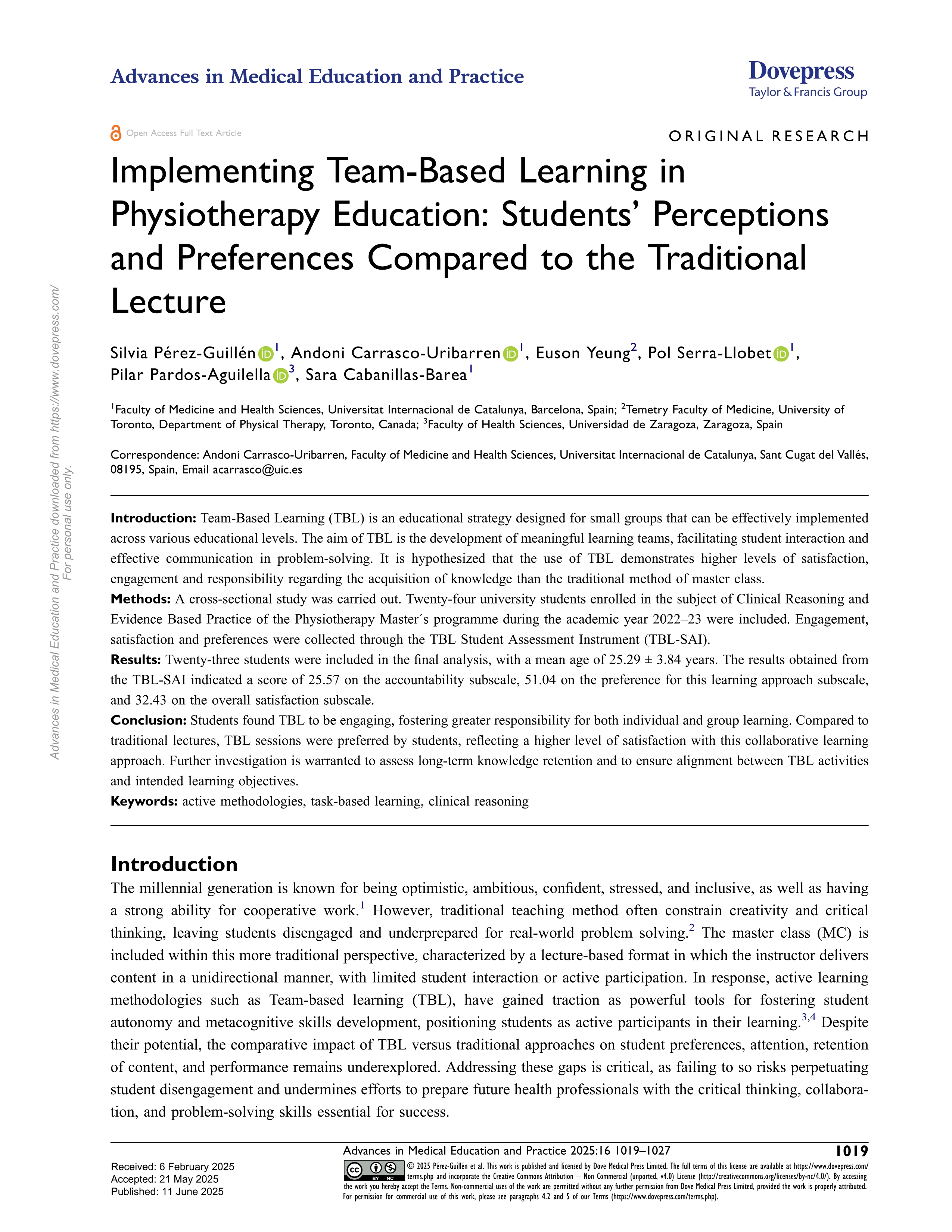 Implementing team-based learning in physiotherapy education: students’ perceptions and preferences compared to the traditional lecture