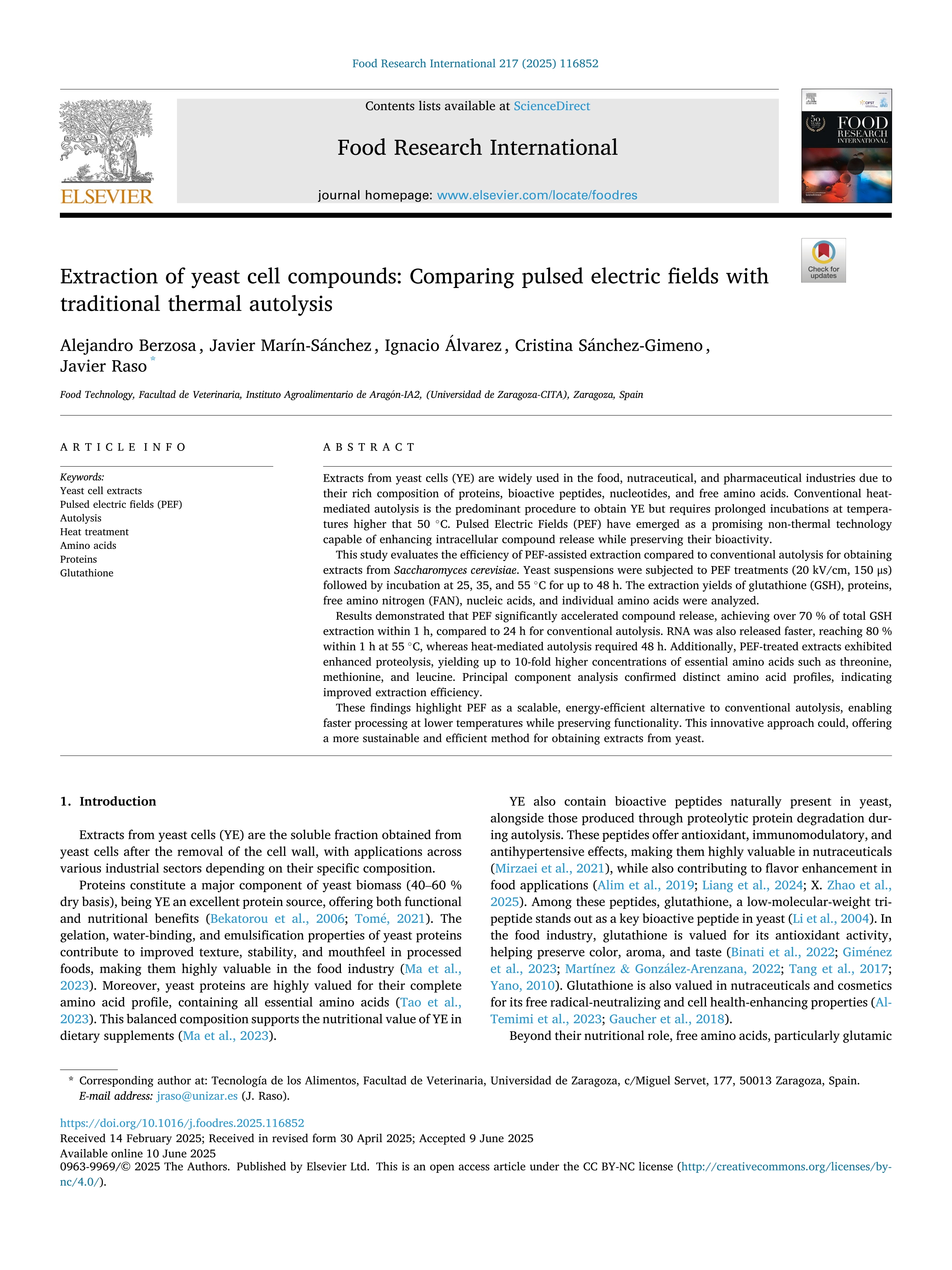 Extraction of yeast cell compounds: Comparing pulsed electric fields with traditional thermal autolysis