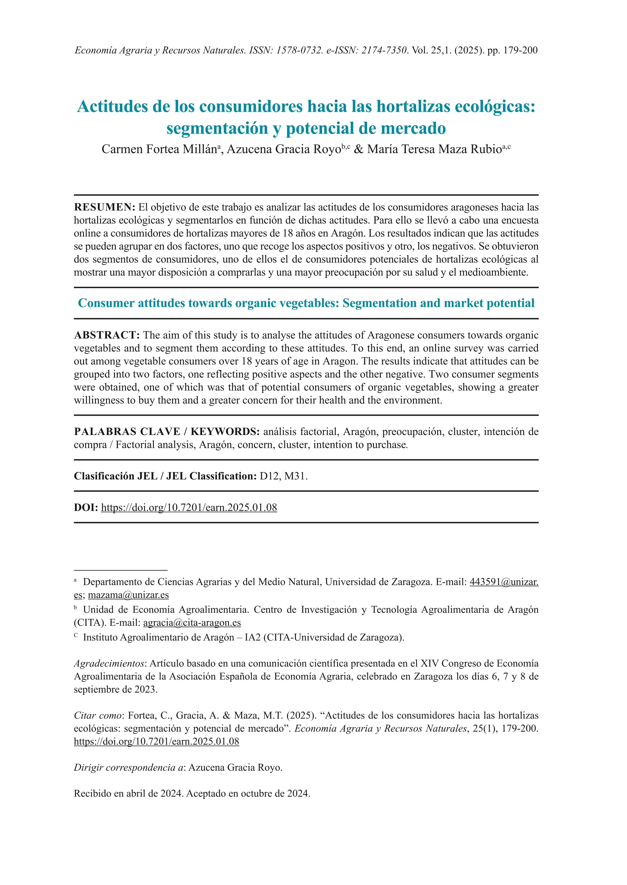 Actitudes de los consumidores hacia las hortalizas ecológicas: segmentación y potencial de mercado