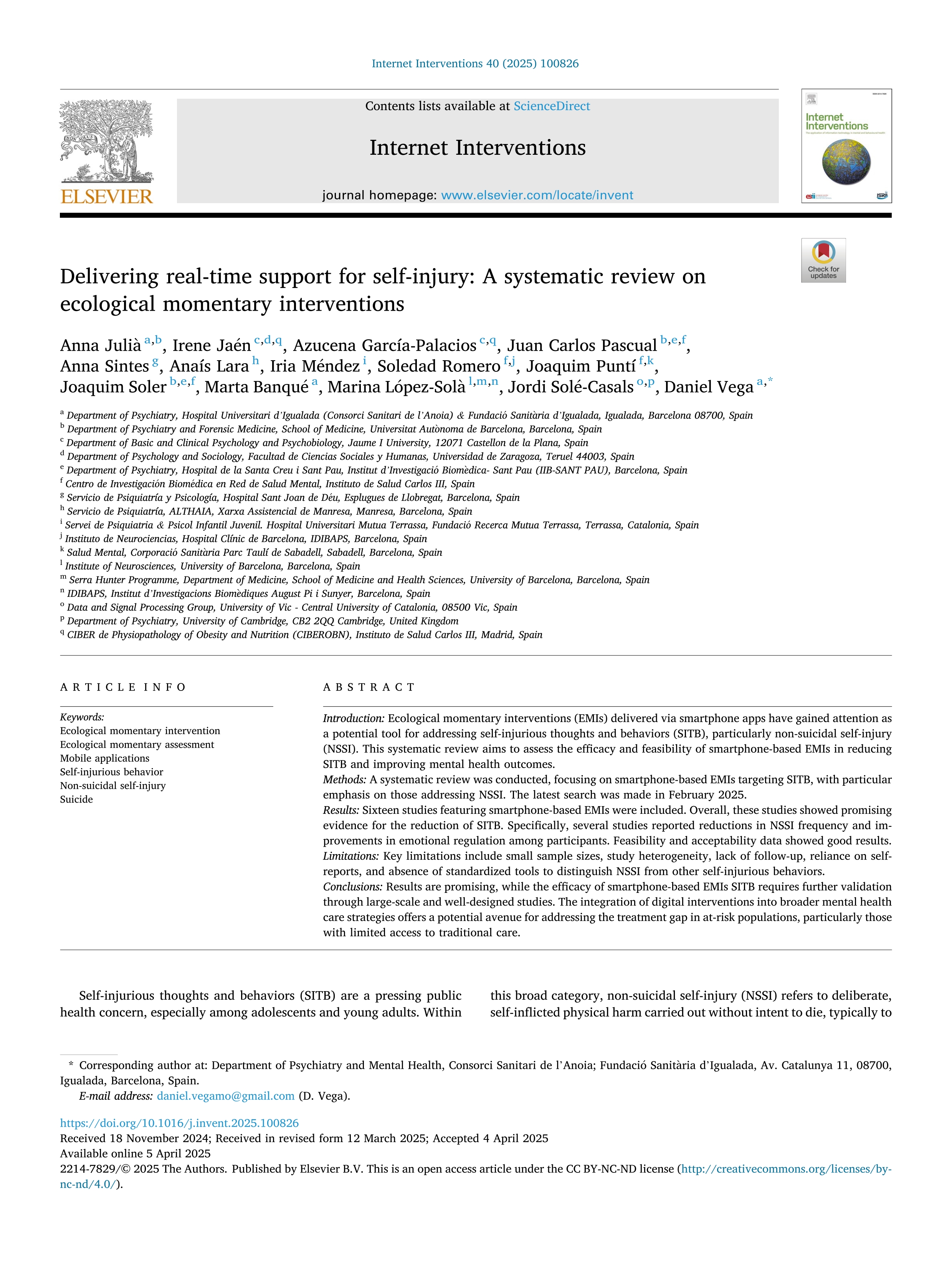 Delivering real-time support for self-injury: A systematic review on ecological momentary interventions