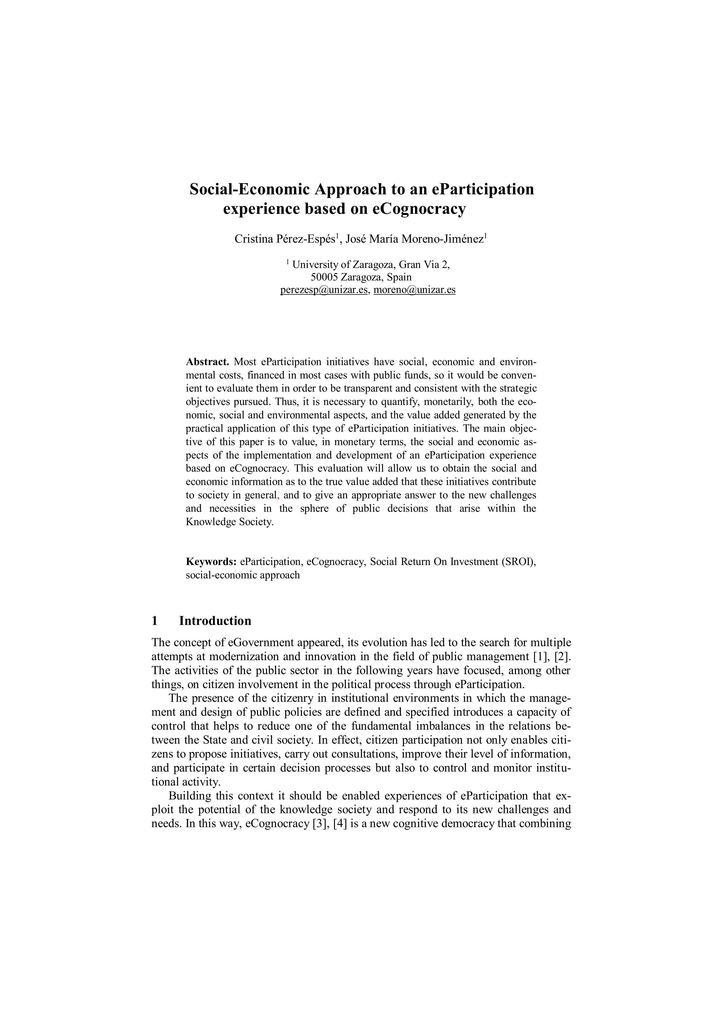 Social-economic approach to an eparticipation experience based on ecognocracy